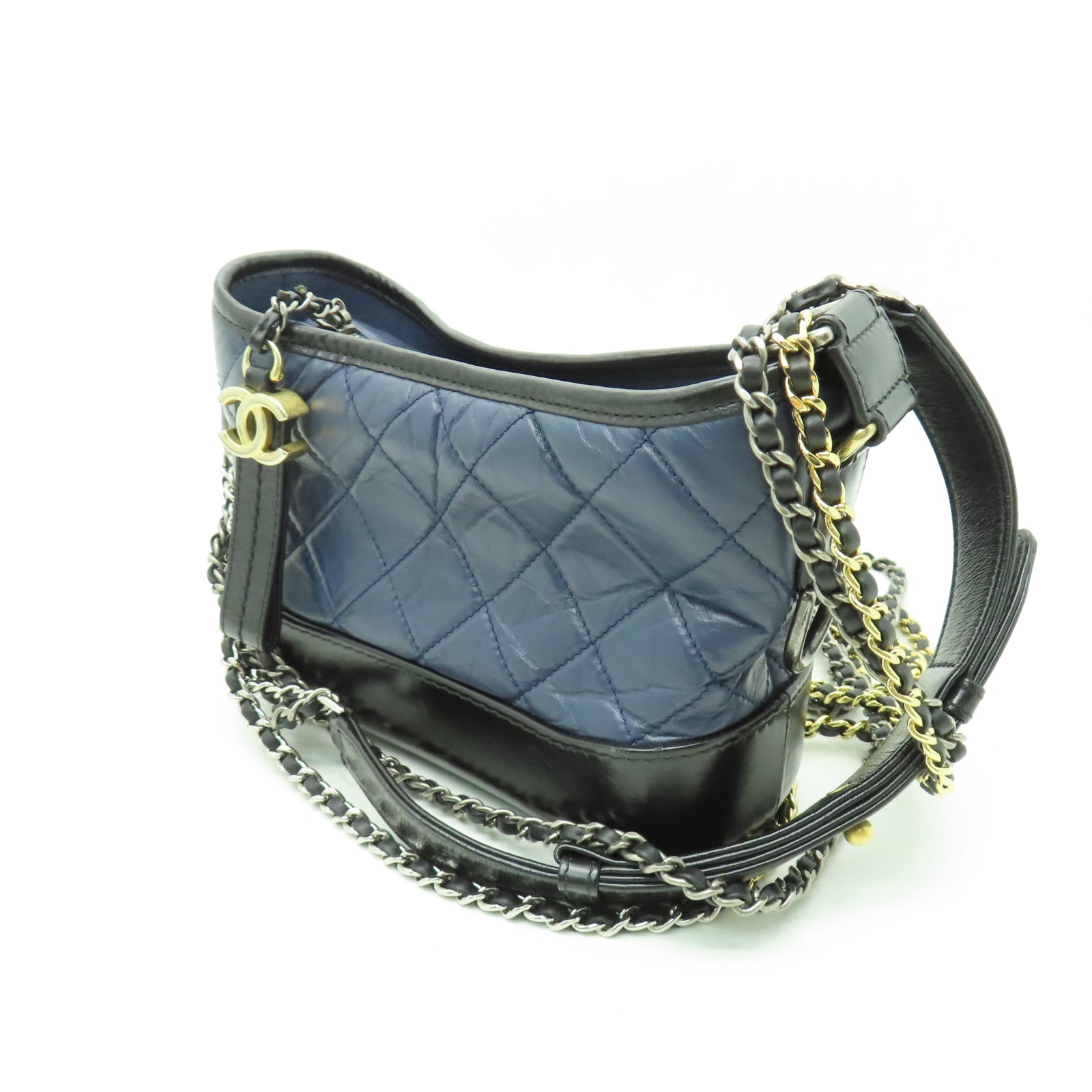 CHANEL 【清倉大減價】菱格牛皮皮革Gabrielle Small金銀扣鏈帶肩背袋海軍藍色