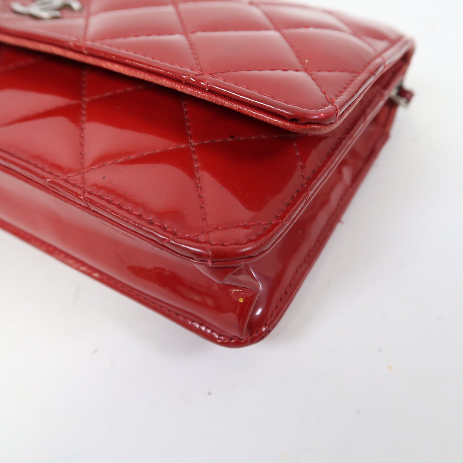 CHANEL 菱格漆皮皮革Wallet On Chain銀扣鏈帶肩背袋紅色