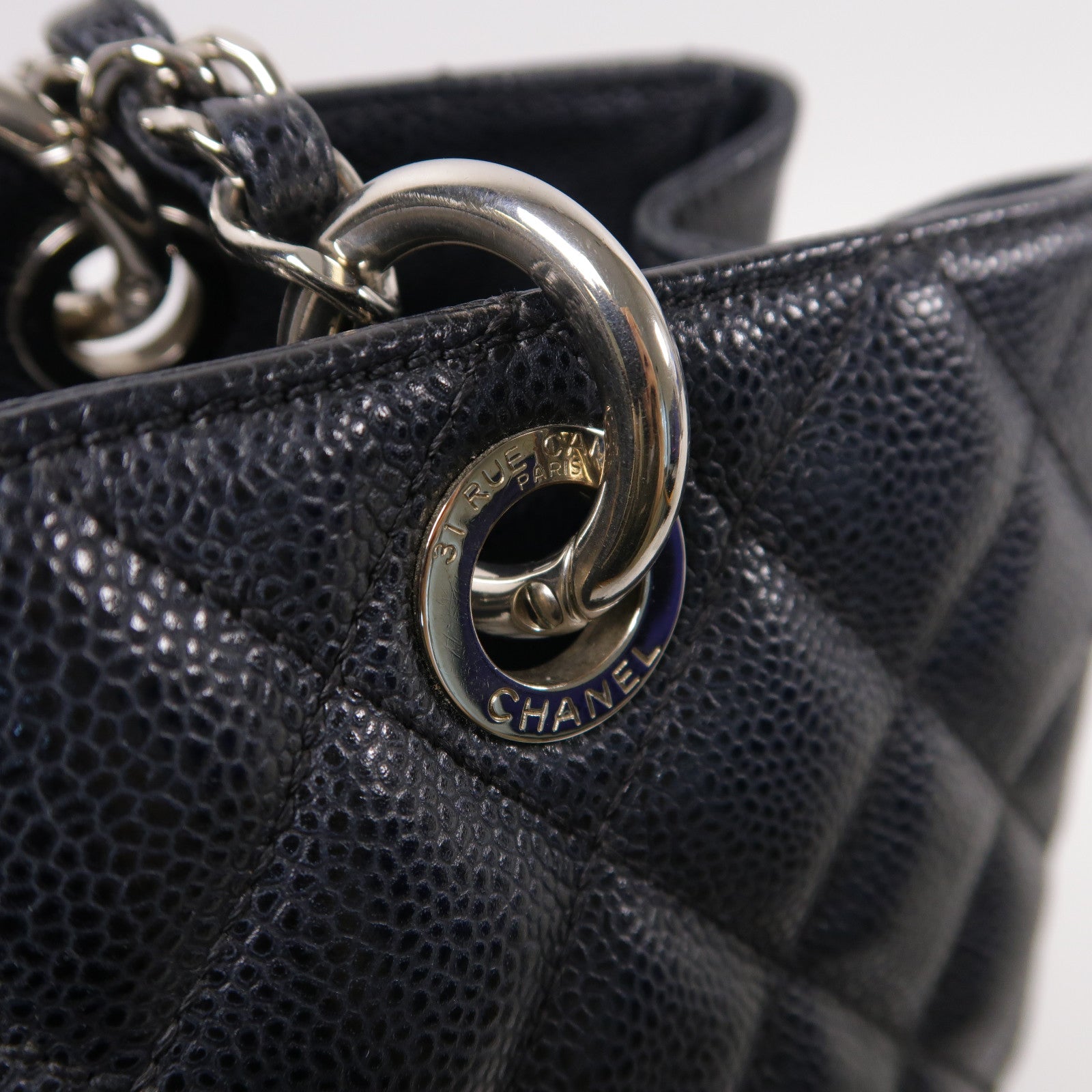 CHANEL 菱格Caviar皮革Grand Shopping Tote銀扣鏈帶手挽袋黑色