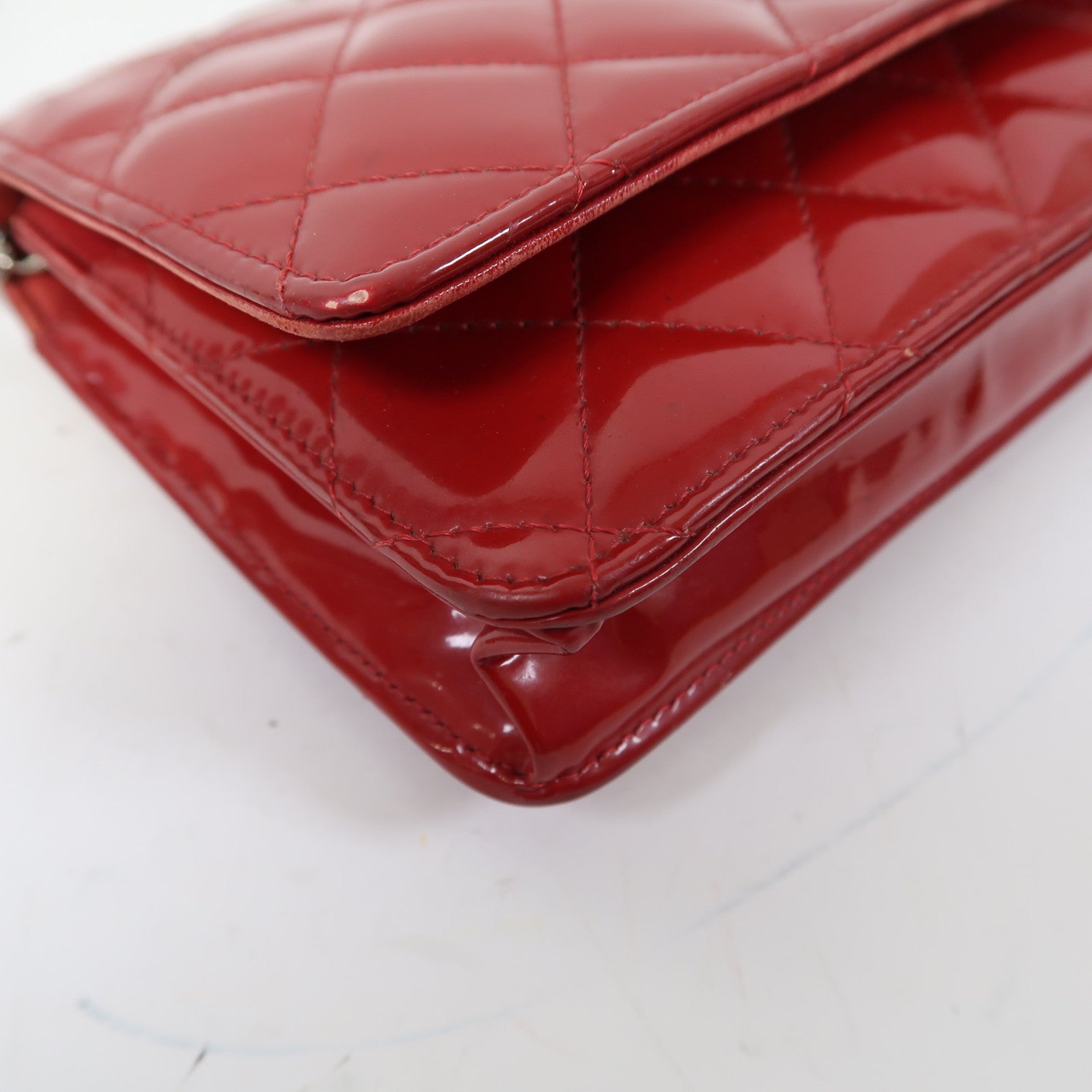 CHANEL 菱格漆皮皮革Wallet On Chain銀扣鏈帶肩背袋紅色
