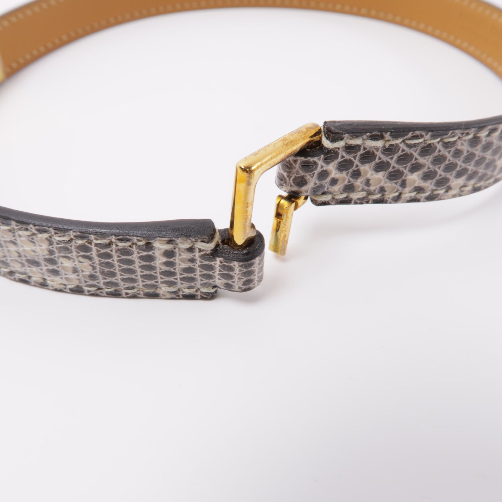 HERMES 蜥蝪皮革Rivale Double Tour金扣手鐲灰色