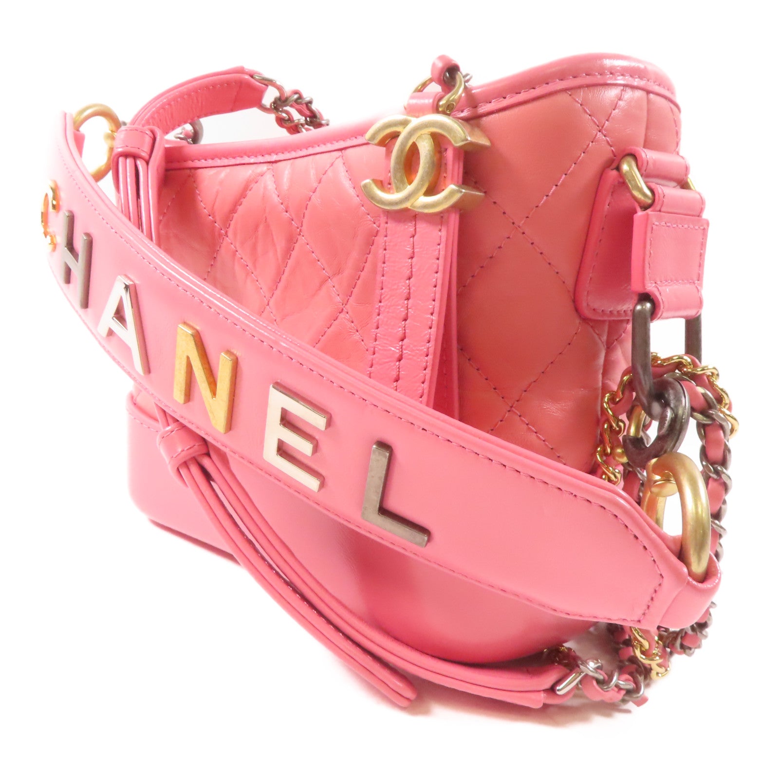 CHANEL 菱格牛皮皮革Gabrielle鏈帶肩背袋粉紅色