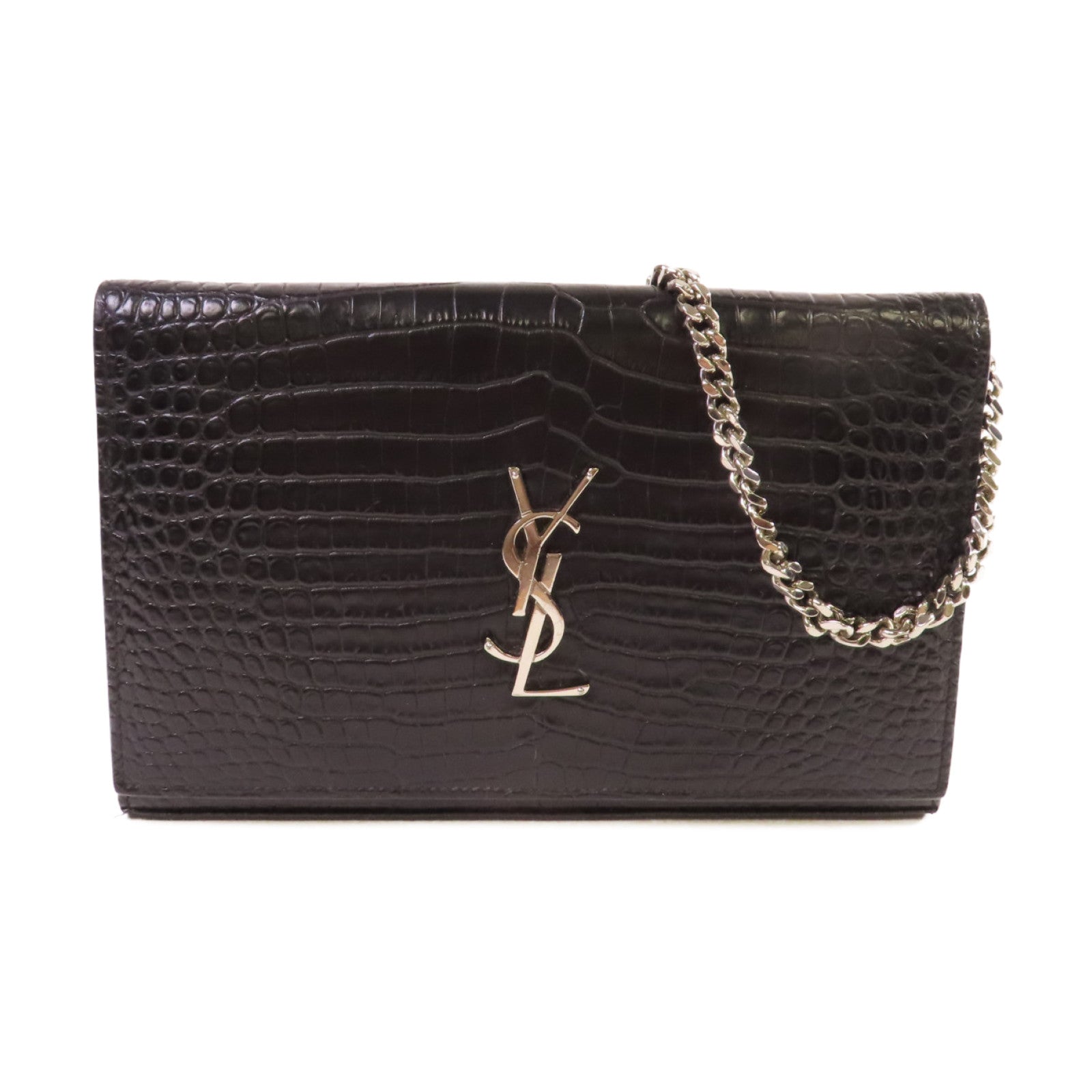 SAINT LAURENT 牛皮皮革Chain Shoulder Bag銀扣鏈帶肩背袋黑色