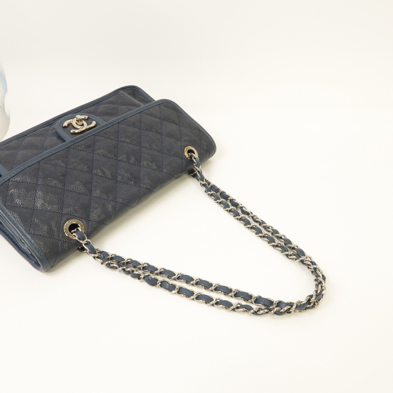 CHANEL 菱格皮革Shoulder Bag銀扣鏈帶肩背袋藍色
