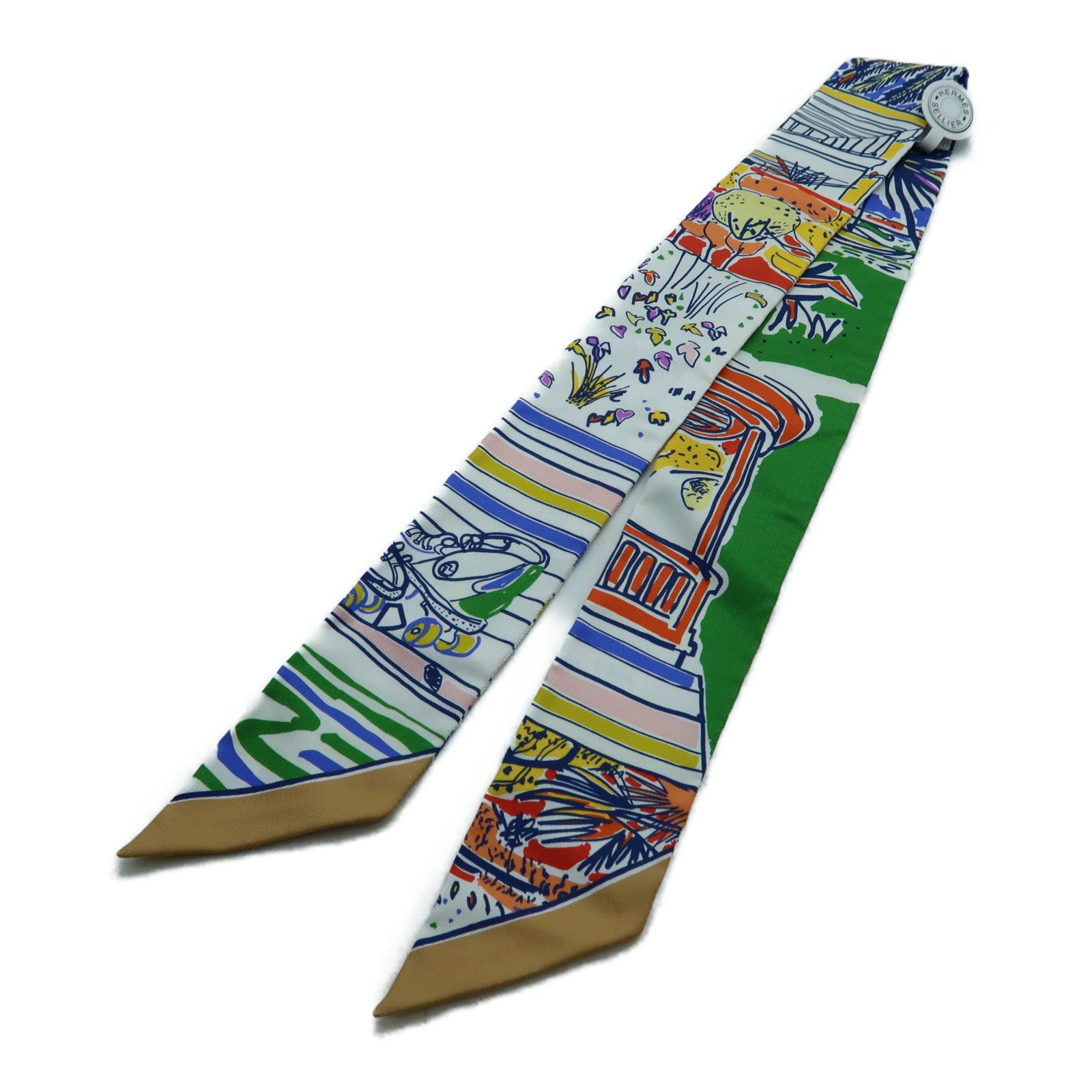 HERMES 【激減優惠】絲質Twilly絲巾白色/啡色