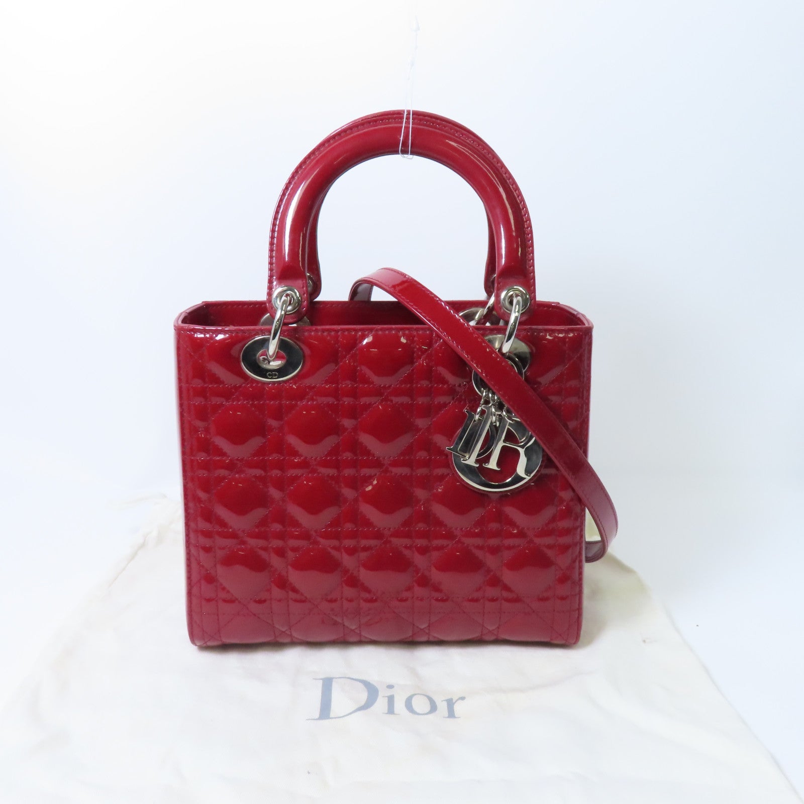 Dior 漆皮皮革Lady Dior銀扣手挽肩背兩用袋紅色