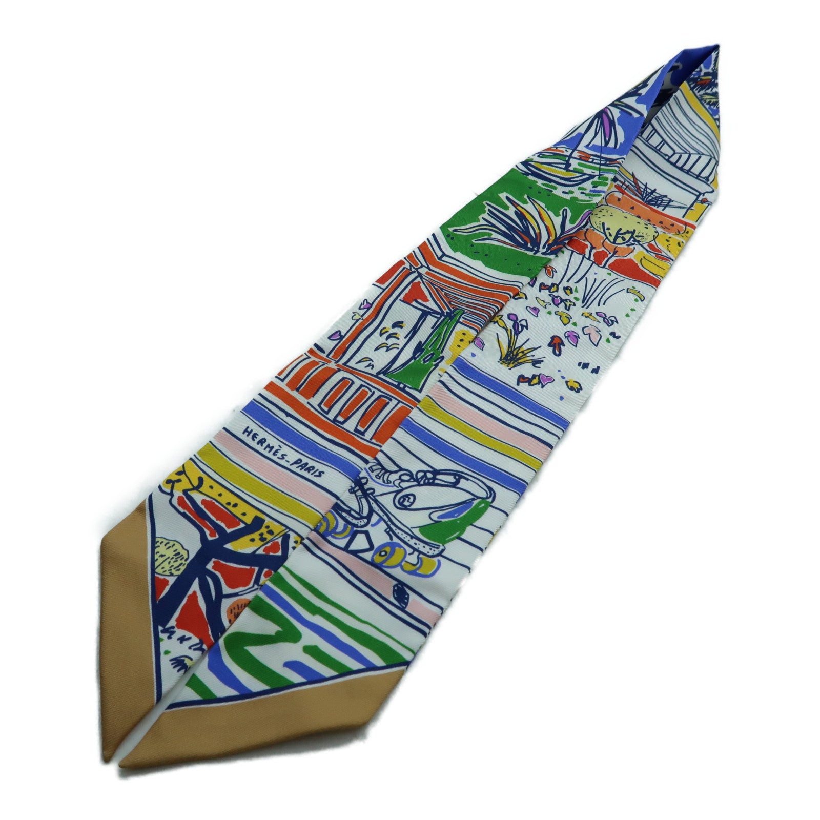 HERMES 【激減優惠】絲質Twilly絲巾白色/啡色