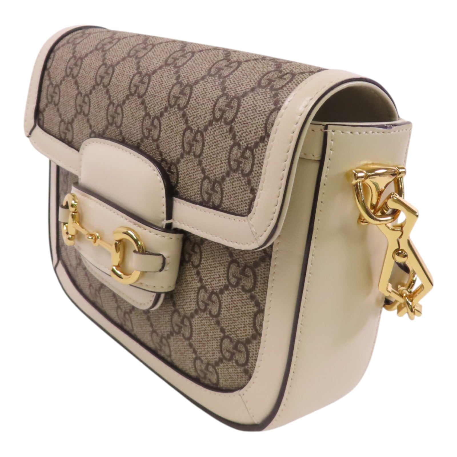 GUCCI 塗層帆布/牛皮皮革Horsebit 1955金扣肩背袋