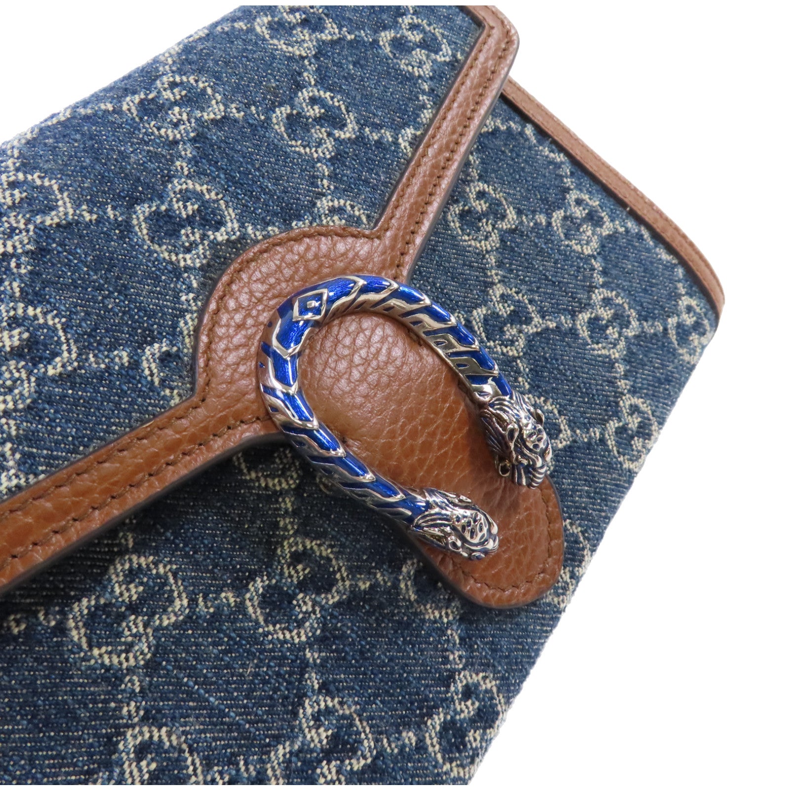 GUCCI 牛仔布/牛皮皮革Dionysus GG Shoulder Bag銀扣鏈帶肩背袋藍色/啡色