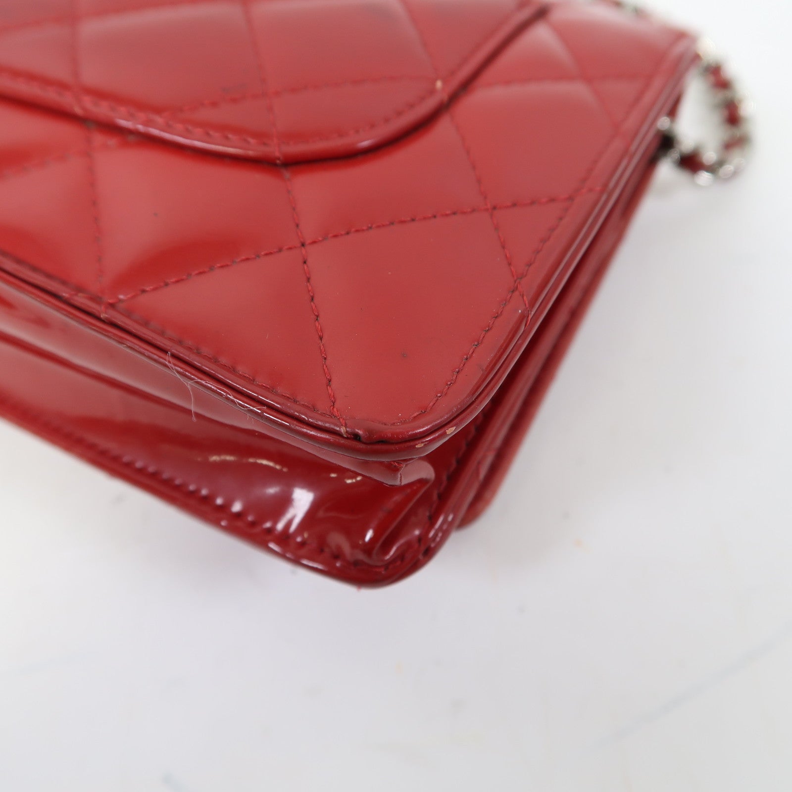CHANEL 菱格漆皮皮革Wallet On Chain銀扣鏈帶肩背袋紅色