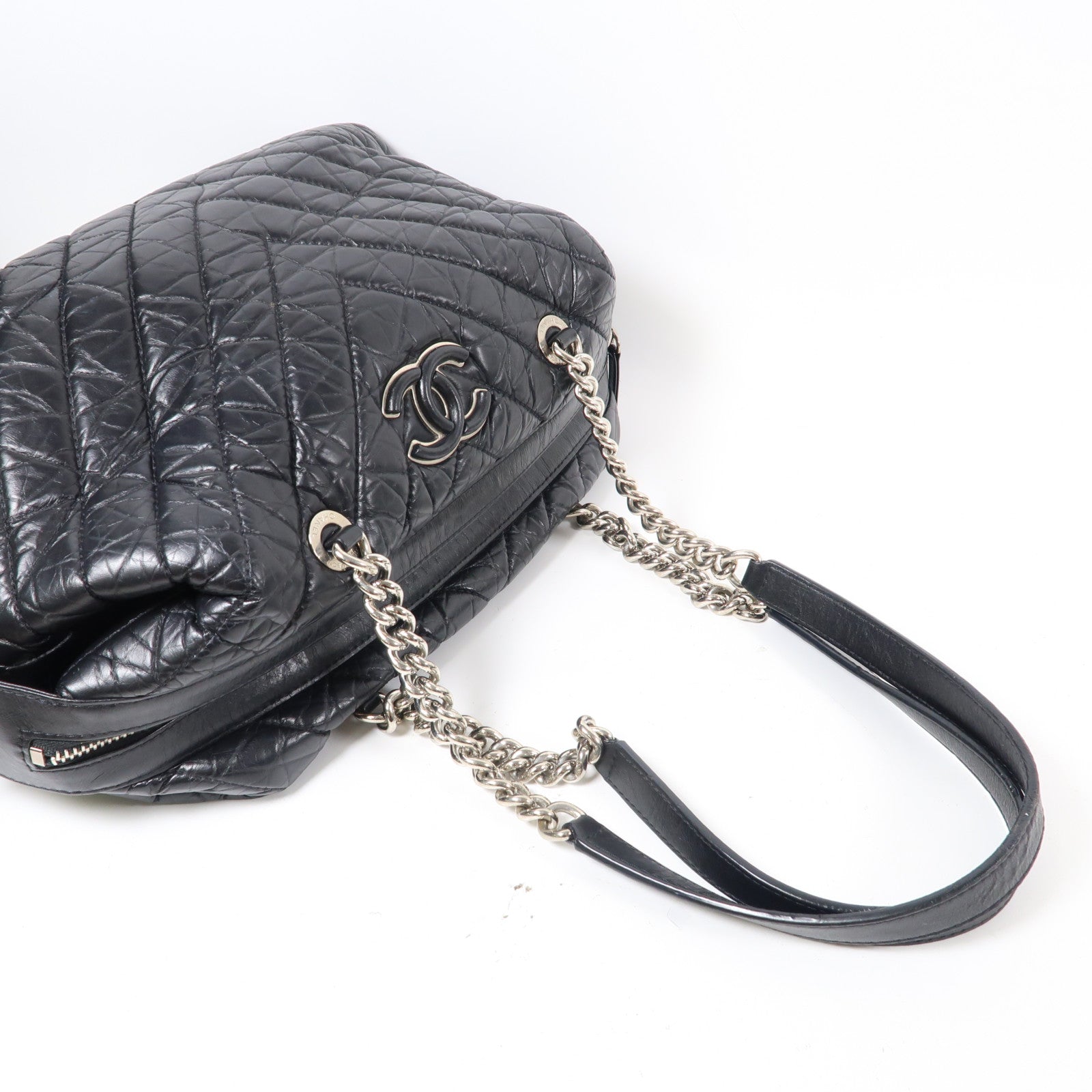 CHANEL 斜紋羊皮皮革Chain Shoulder Bag銀扣鏈帶肩背袋黑色