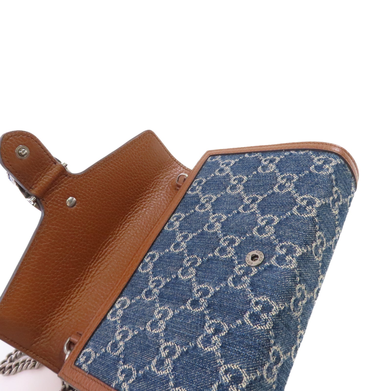 GUCCI 牛仔布/牛皮皮革Dionysus GG Shoulder Bag銀扣鏈帶肩背袋藍色/啡色