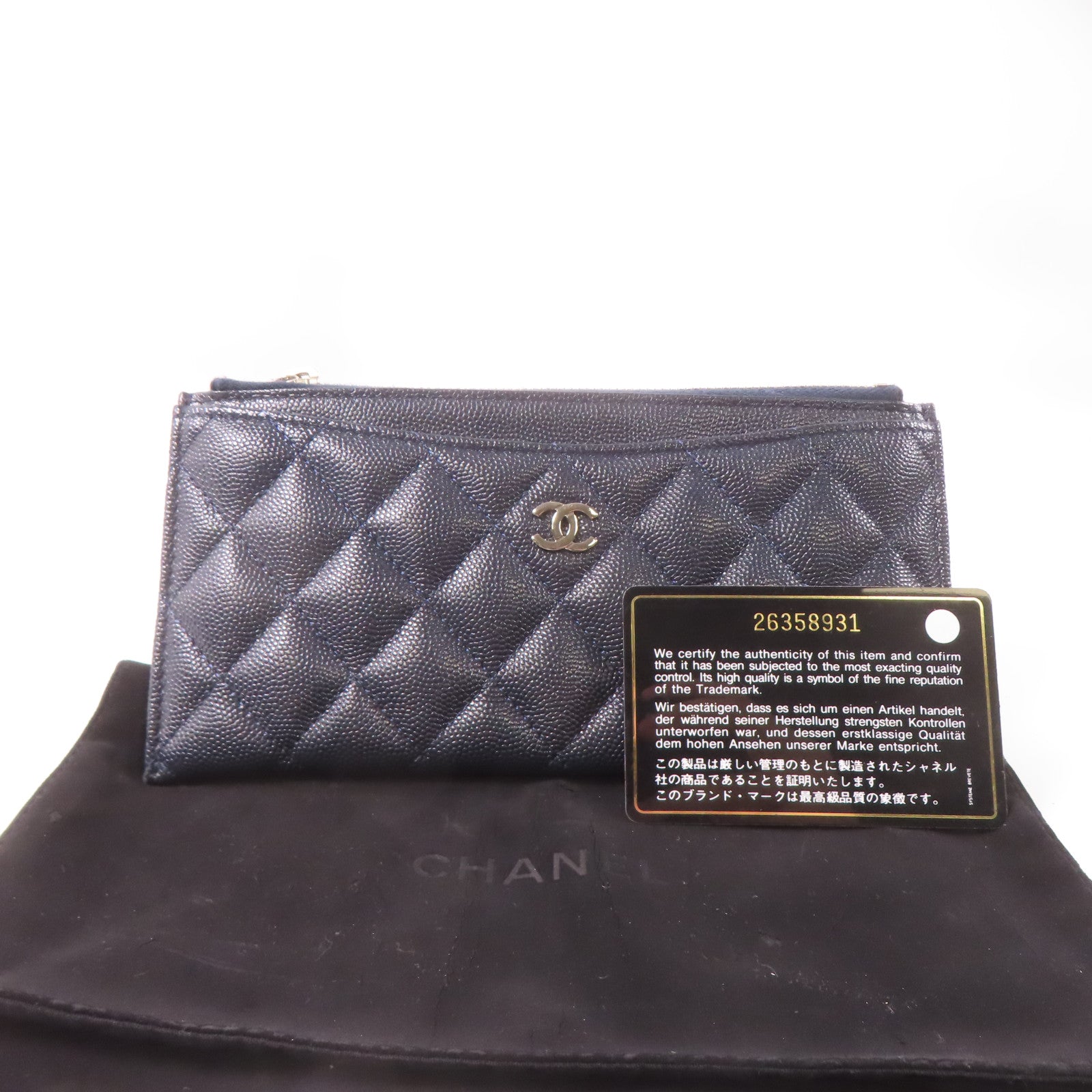 CHANEL 菱格Caviar皮革Zipper Long Wallet銀扣長錢包深藍色