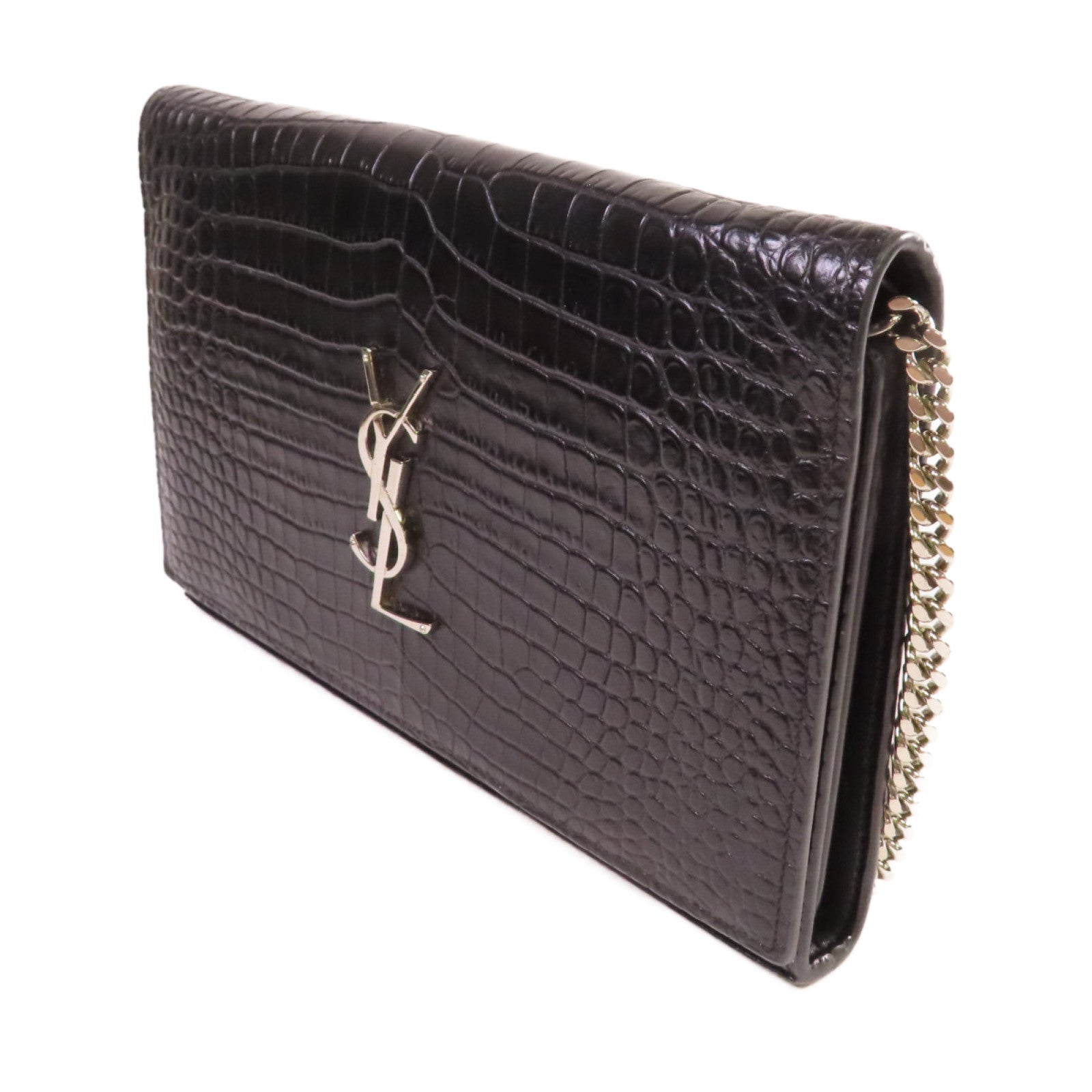 SAINT LAURENT 牛皮皮革Chain Shoulder Bag銀扣鏈帶肩背袋黑色