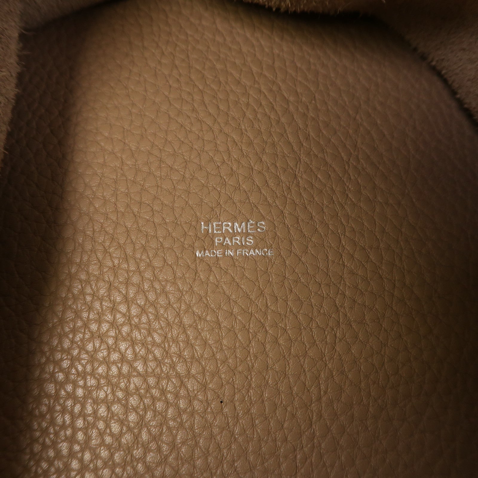 HERMES Clemence皮革Picotin GM銀扣手挽袋泥黃色/深灰色