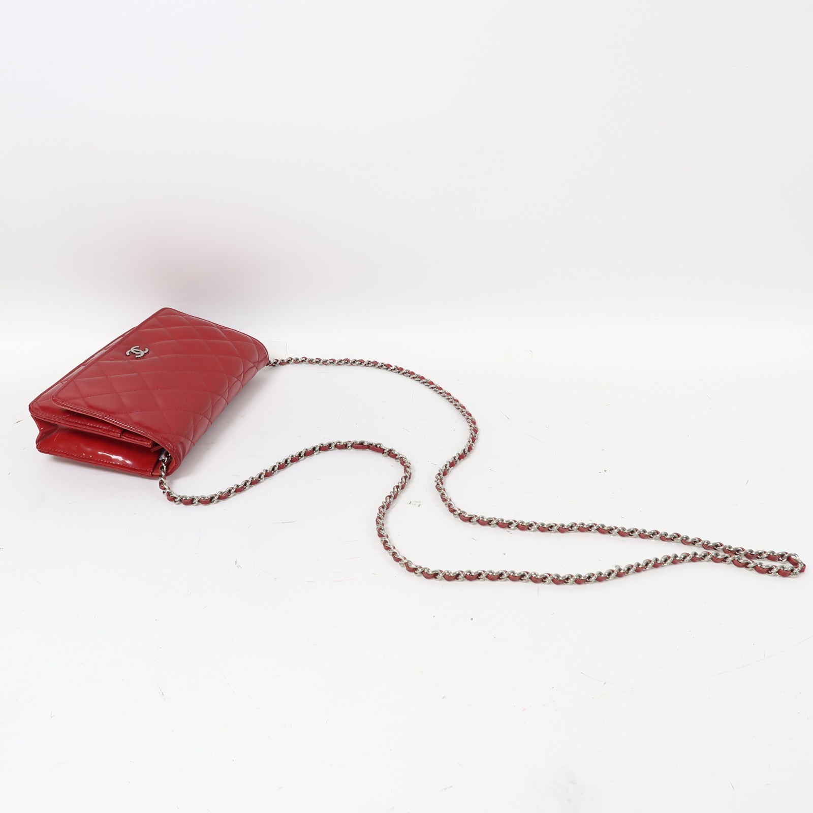 CHANEL 菱格漆皮皮革Wallet On Chain銀扣鏈帶肩背袋紅色