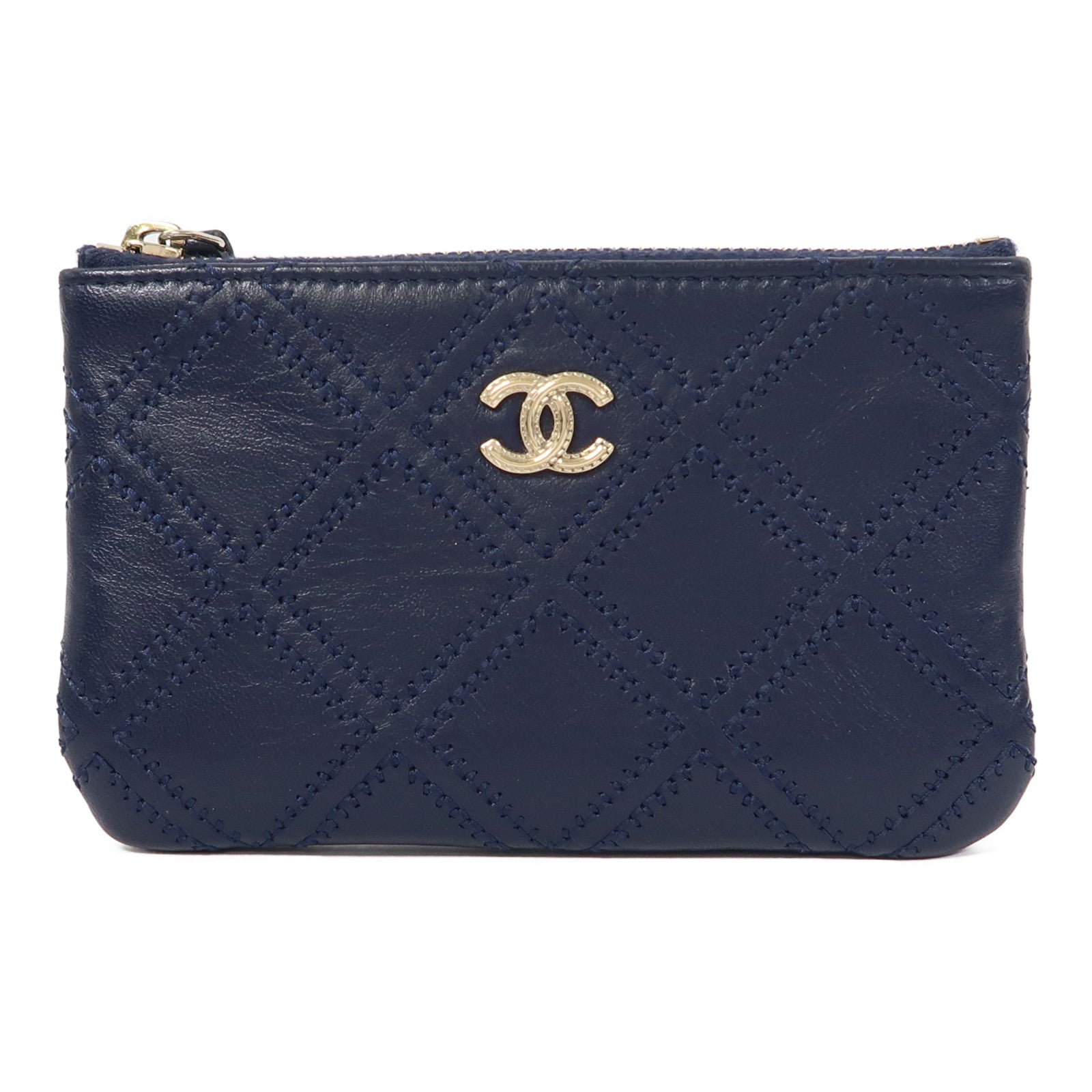 CHANEL 牛皮皮革Pouch金扣手拿包深藍色