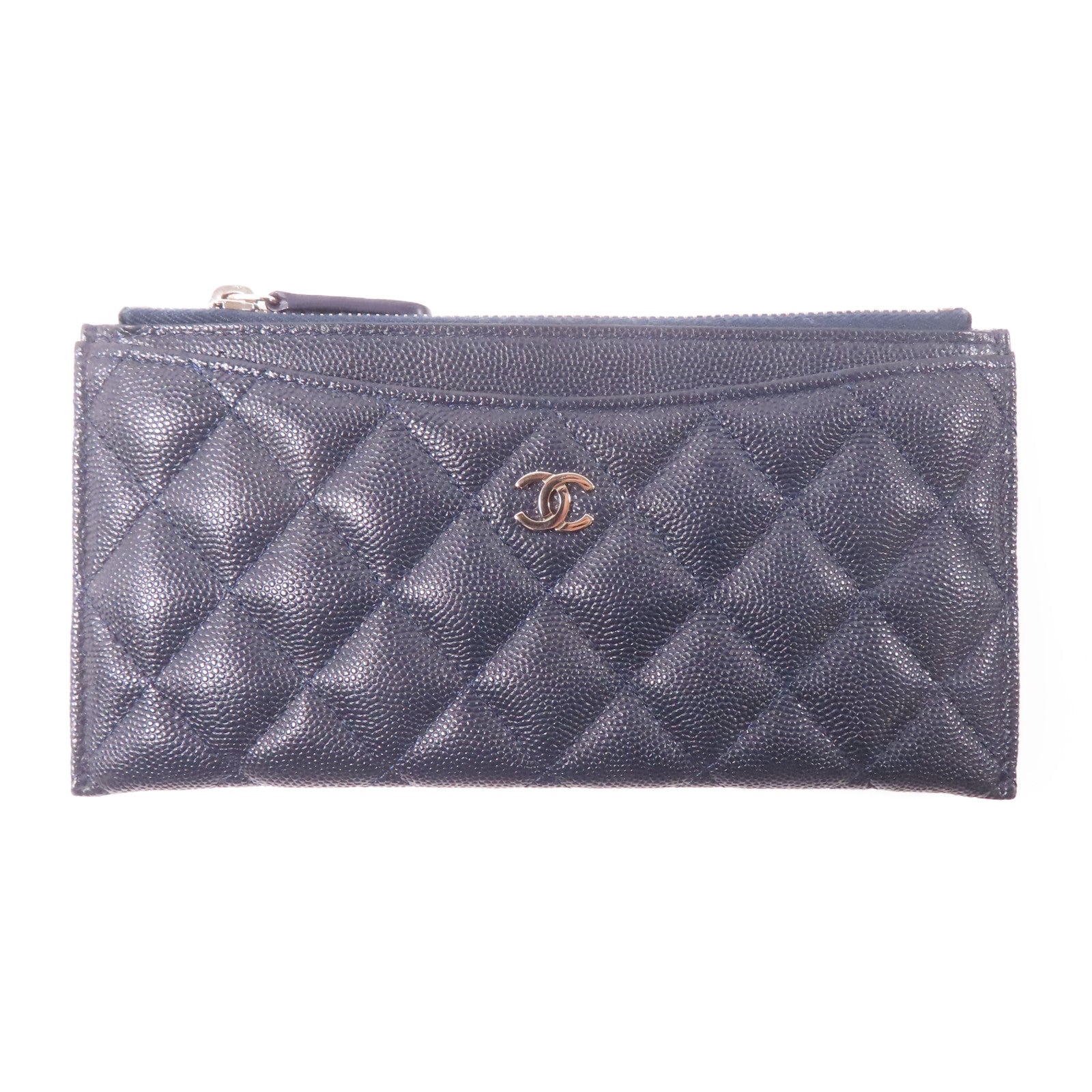 CHANEL 菱格Caviar皮革Zipper Long Wallet銀扣長錢包深藍色
