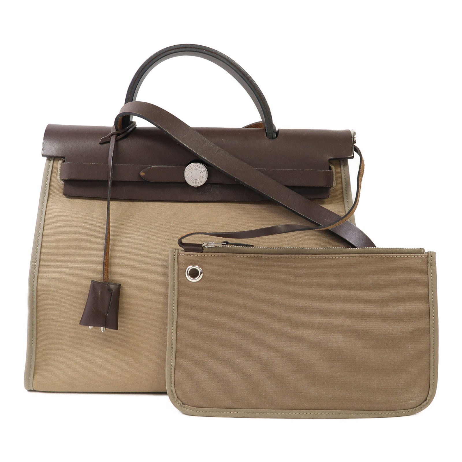 HERMES 帆布Herbag PM銀扣手挽肩背兩用袋大象灰色