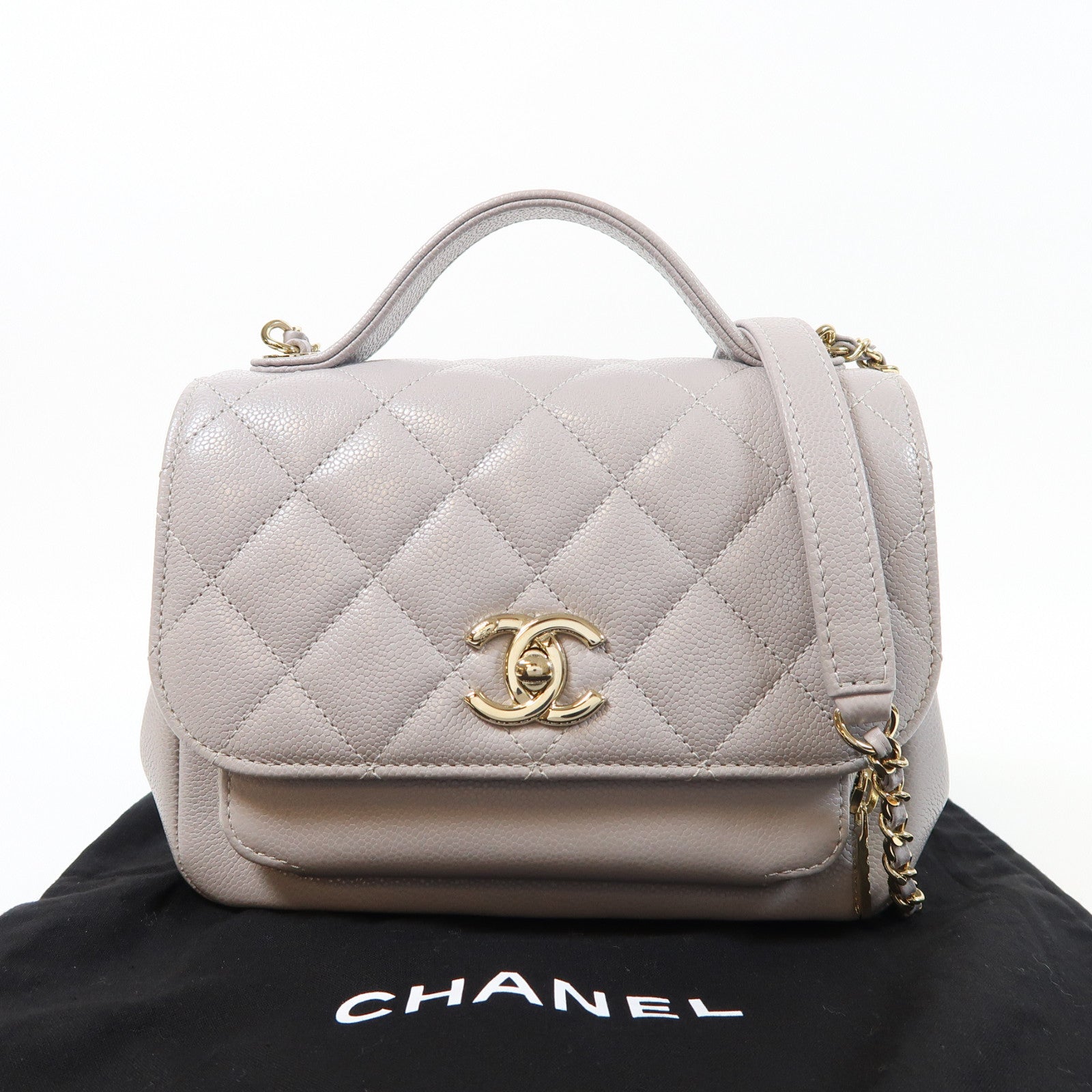 CHANEL 菱格牛皮皮革Business Affinity金扣手挽肩背兩用袋灰色