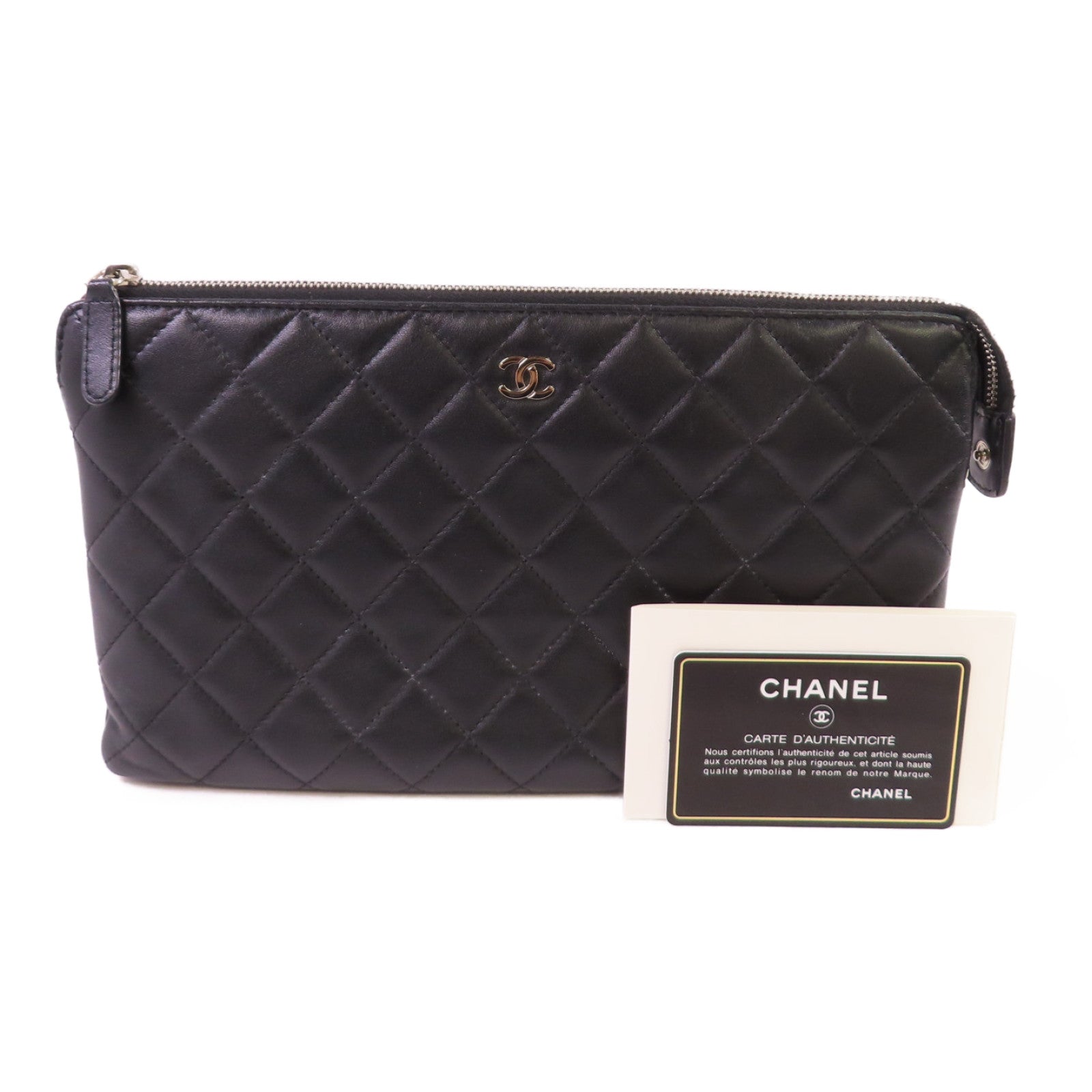 CHANEL 菱格羊皮皮革Pouch銀扣手拿包黑色
