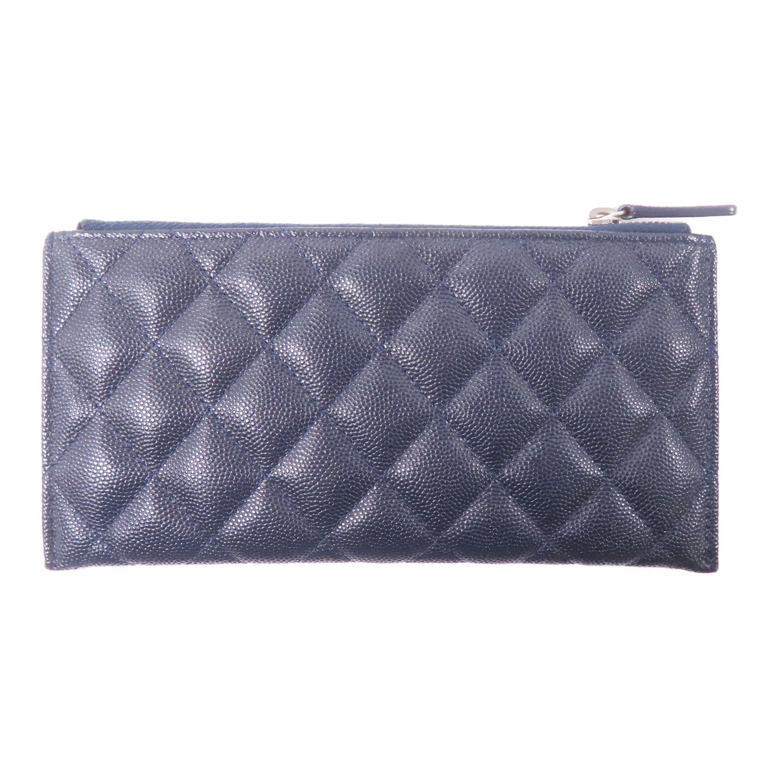CHANEL 菱格Caviar皮革Zipper Long Wallet銀扣長錢包深藍色