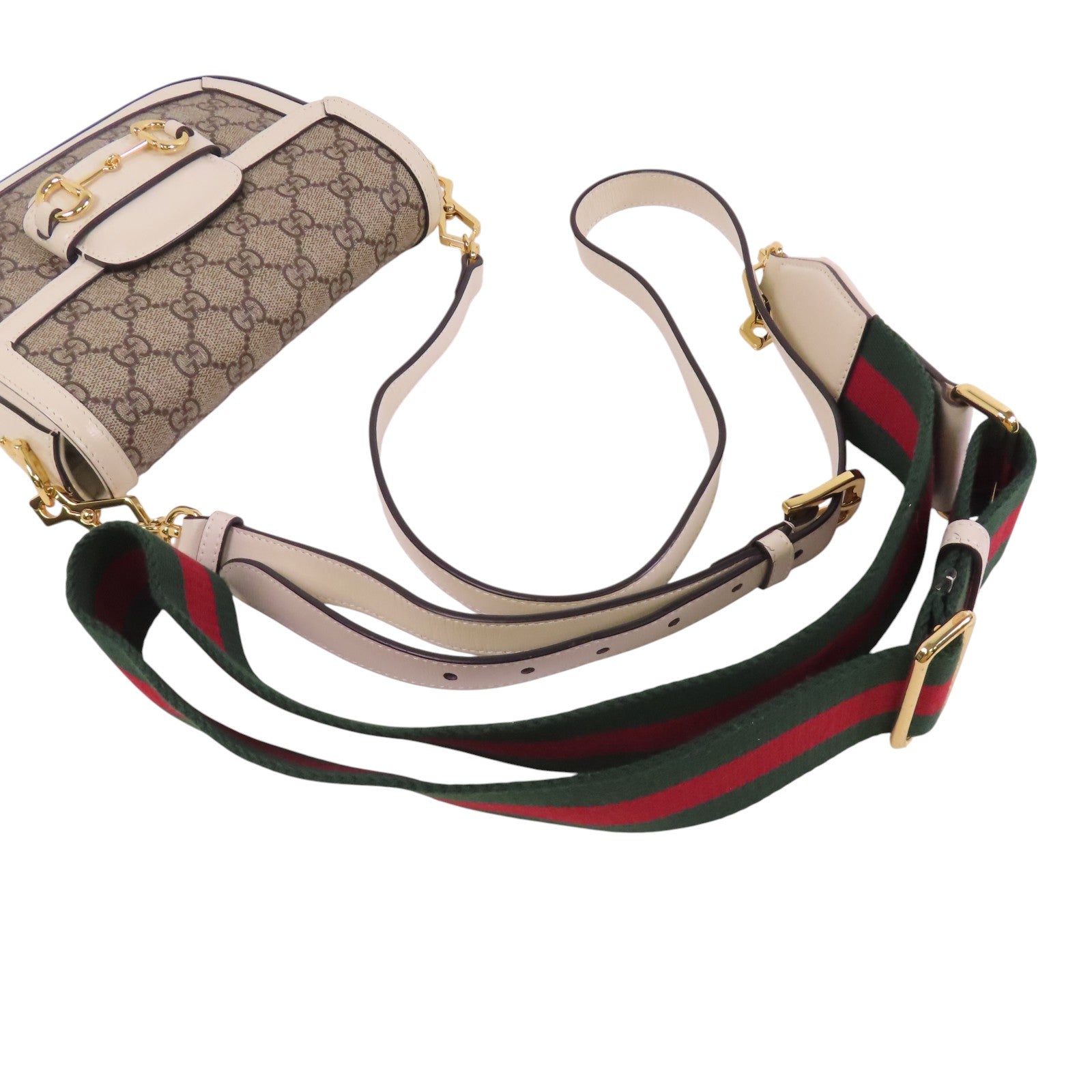 GUCCI 塗層帆布/牛皮皮革Horsebit 1955金扣肩背袋