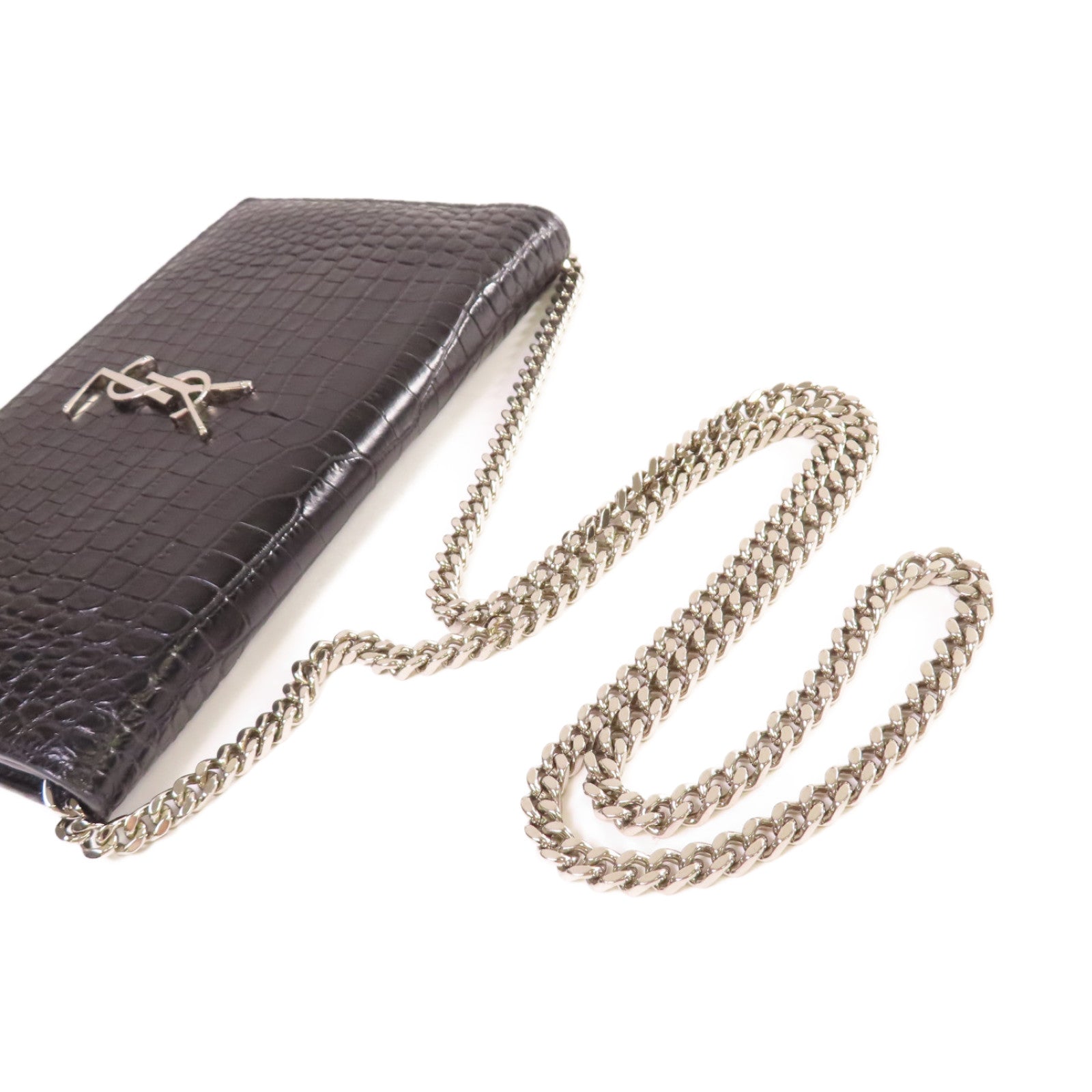 SAINT LAURENT 牛皮皮革Chain Shoulder Bag銀扣鏈帶肩背袋黑色