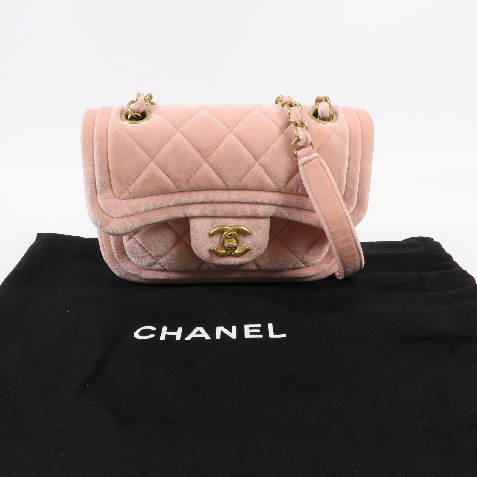 CHANEL 天鵝絨Shoulder Bag金扣鏈帶肩背袋