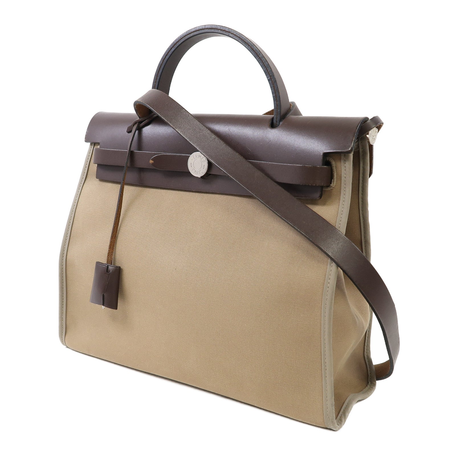 HERMES 帆布Herbag PM銀扣手挽肩背兩用袋大象灰色