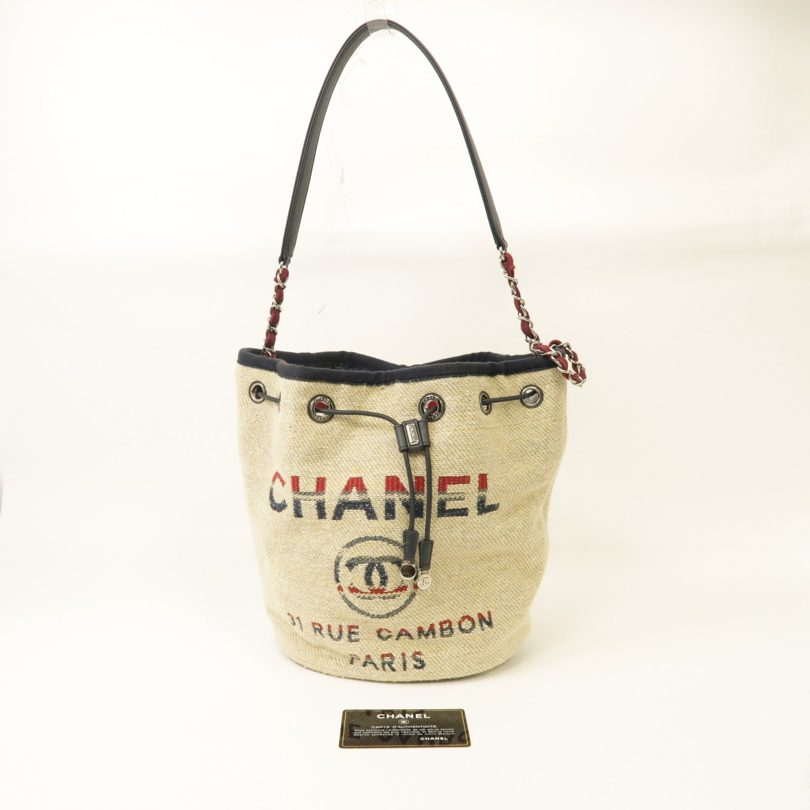 CHANEL 【激減優惠】帆布Bucket Bag銀扣肩背袋米色