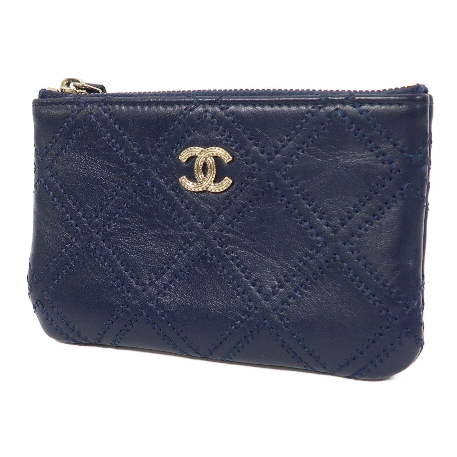 CHANEL 牛皮皮革Pouch金扣手拿包深藍色