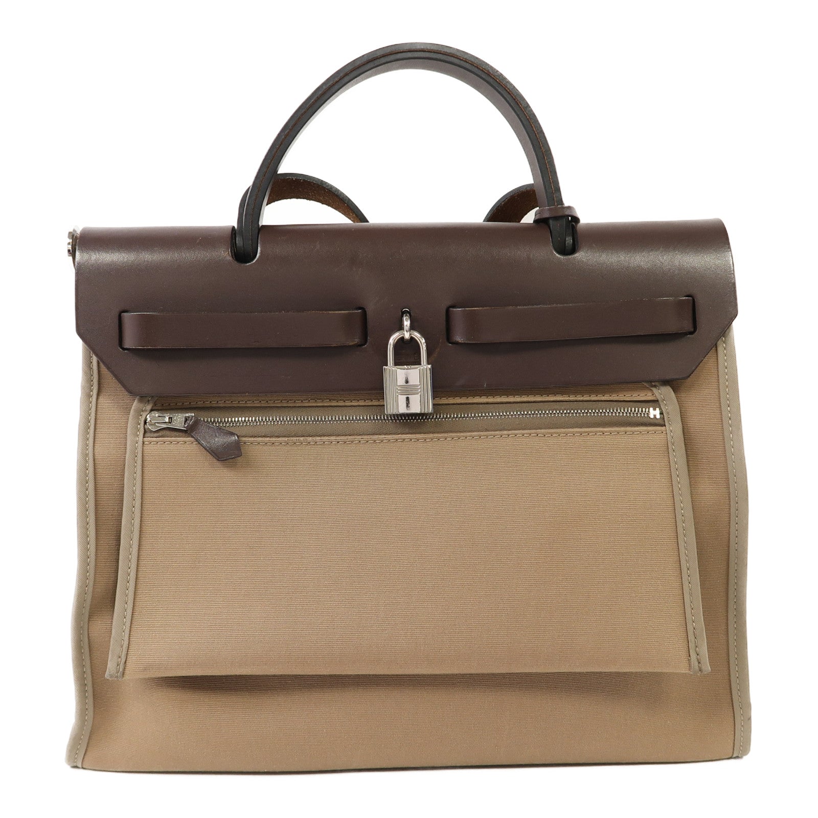 HERMES 帆布Herbag PM銀扣手挽肩背兩用袋大象灰色
