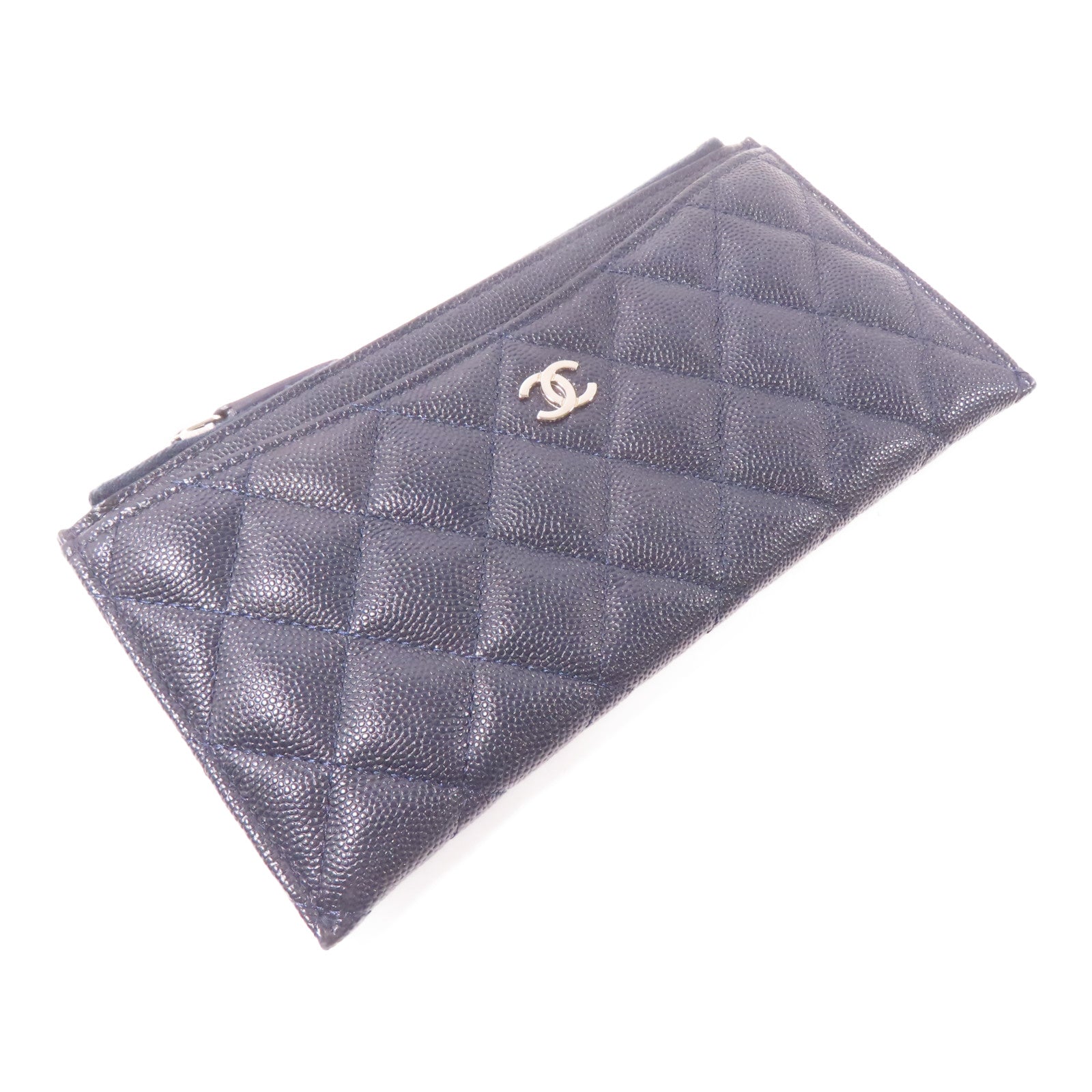 CHANEL 菱格Caviar皮革Zipper Long Wallet銀扣長錢包深藍色
