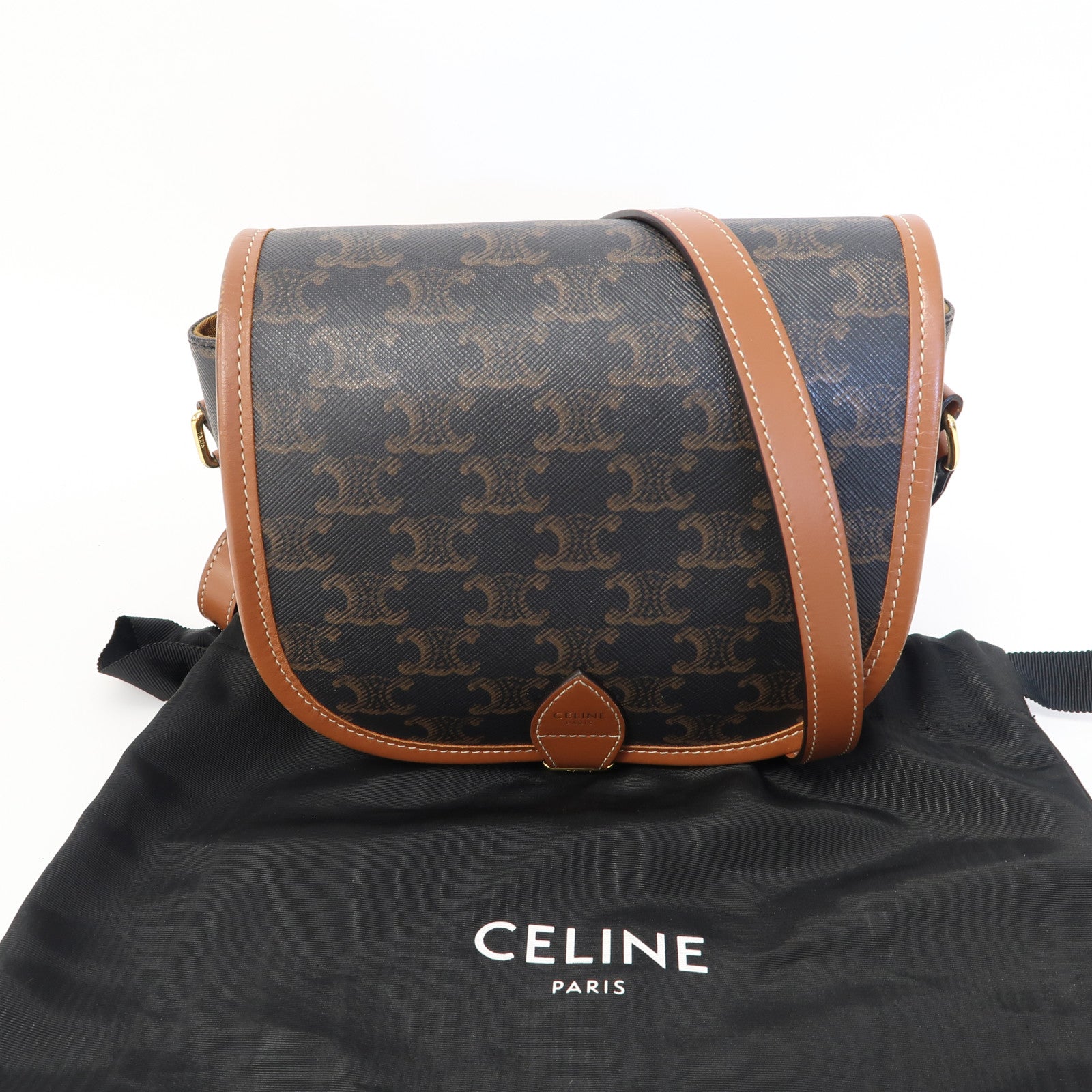 CELINE 塗層帆布Folco Medium金扣肩背袋啡色