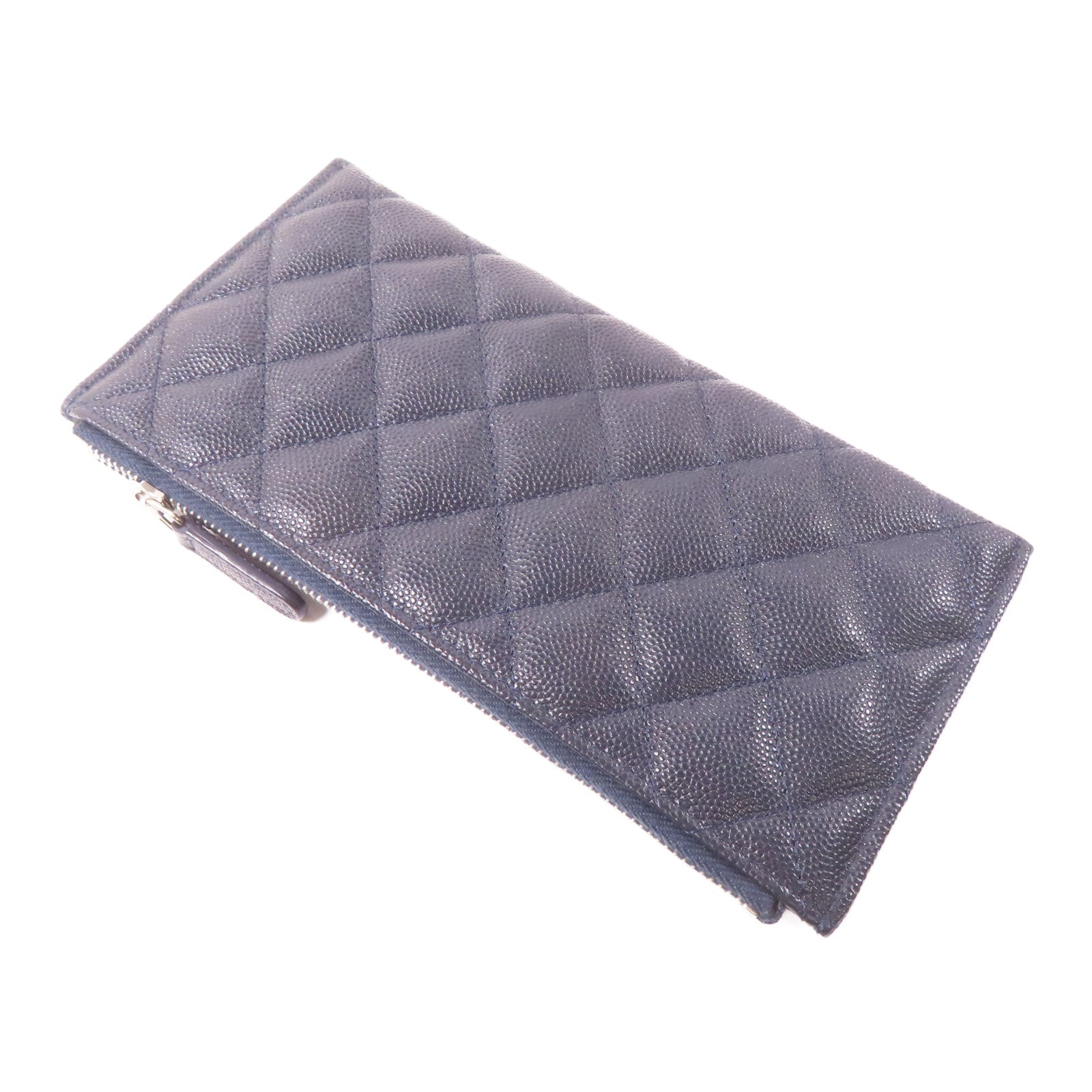 CHANEL 菱格Caviar皮革Zipper Long Wallet銀扣長錢包深藍色