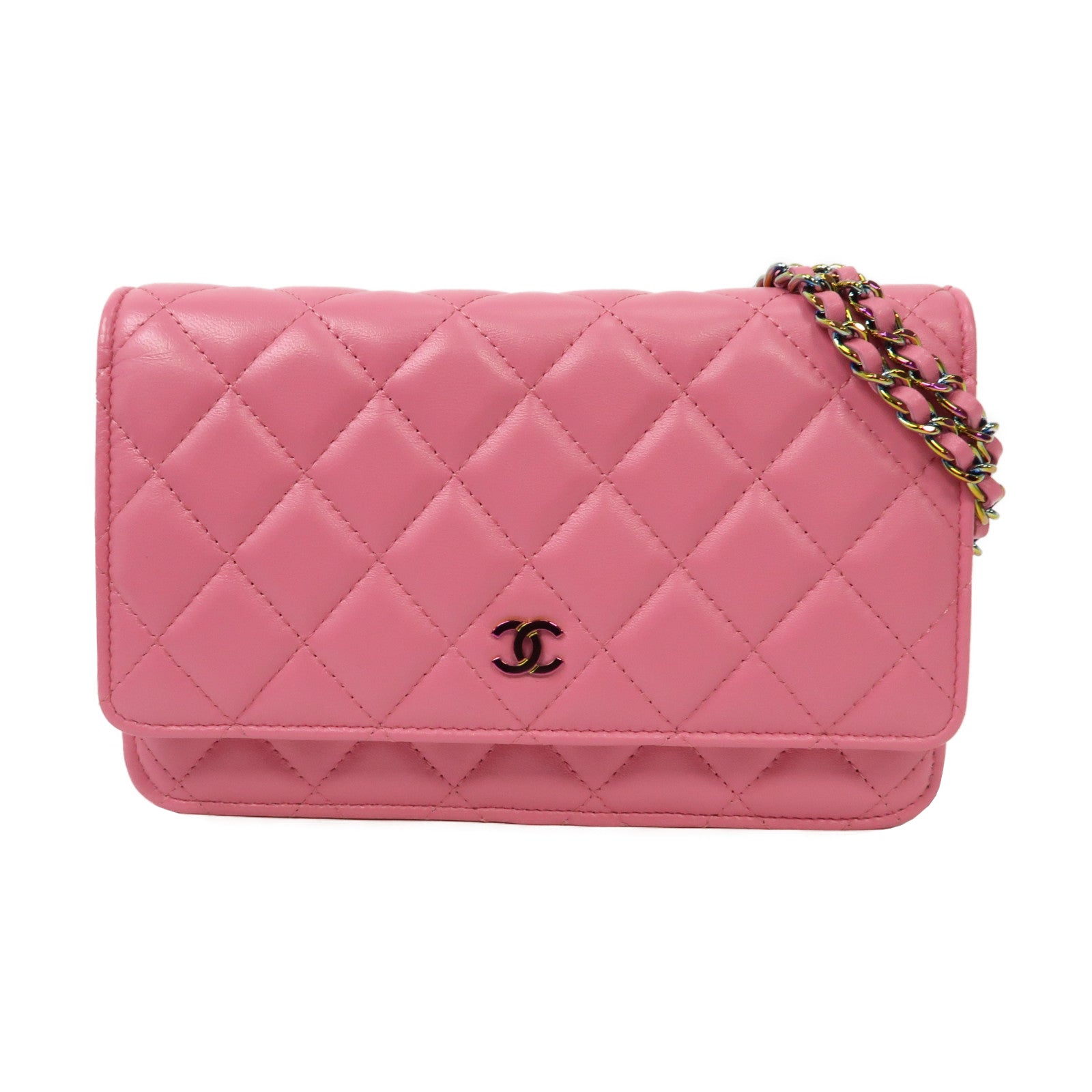 CHANEL 【激減優惠】菱格羊皮皮革WOC金扣/銀扣鏈帶肩背袋粉紅色
