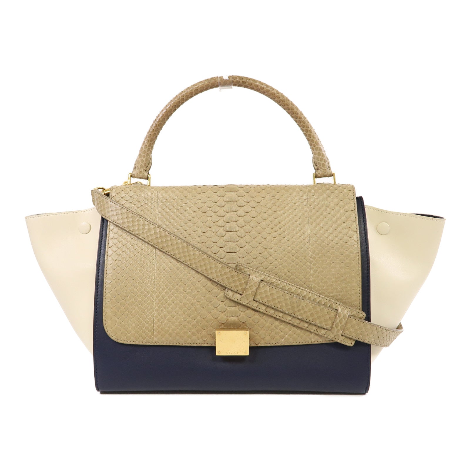 CELINE 牛皮皮革/蛇皮皮革Trapeze金扣手挽肩背兩用袋白色/藍色