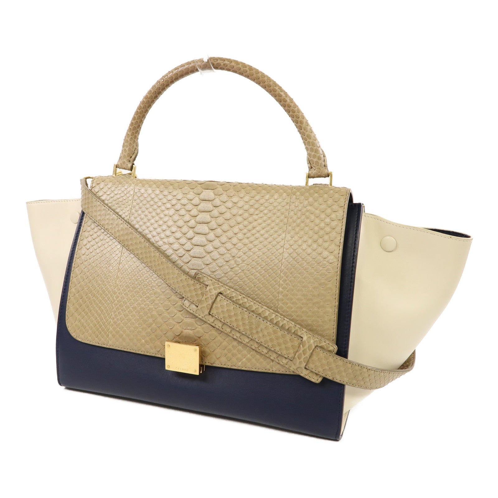 CELINE 牛皮皮革/蛇皮皮革Trapeze金扣手挽肩背兩用袋白色/藍色
