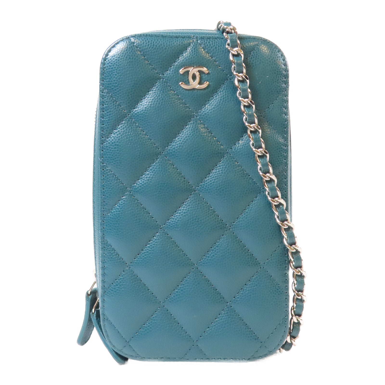 CHANEL 【激減優惠】菱格Caviar皮革Chain Phone Holder Bag銀扣鏈帶肩背袋綠色