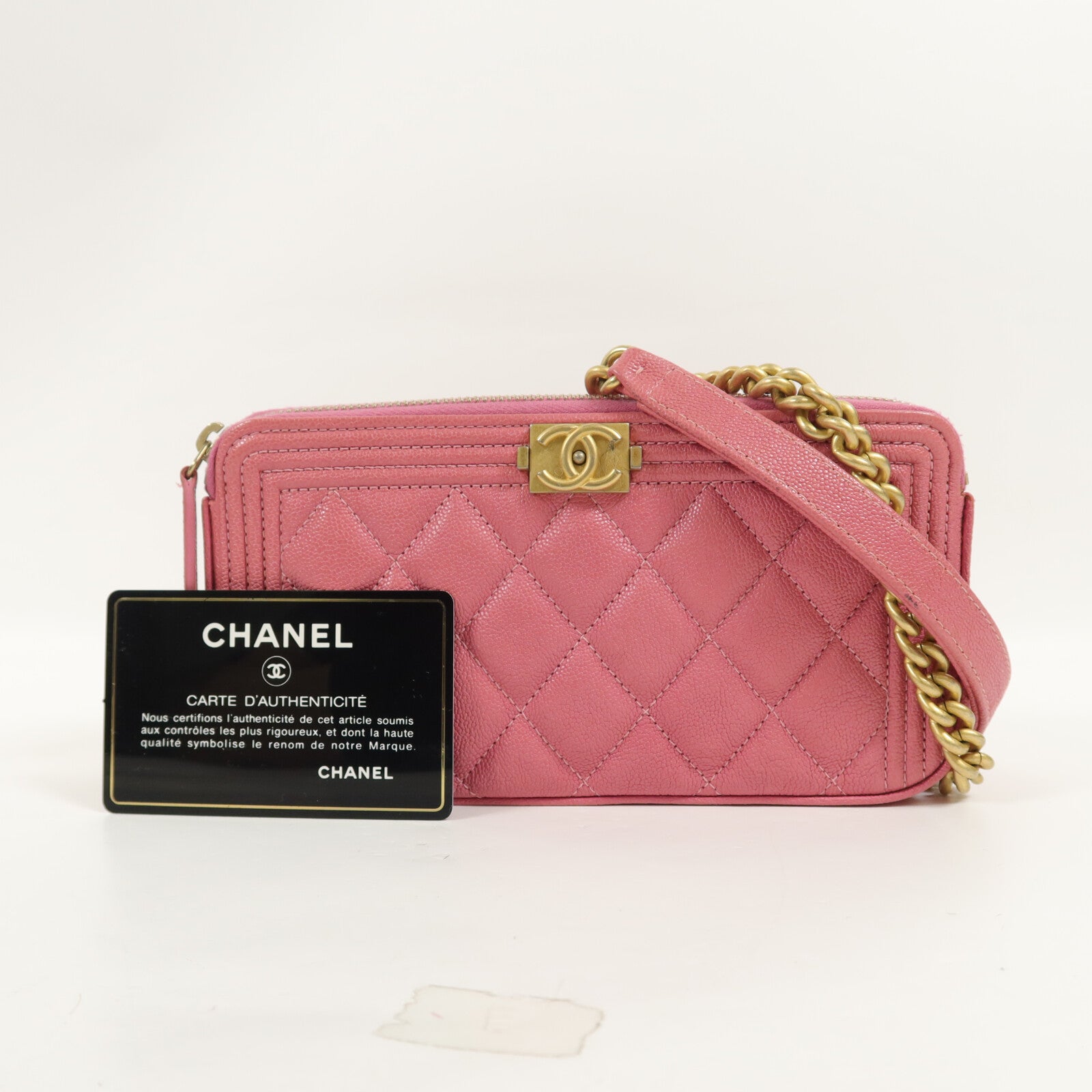 CHANEL 牛皮皮革Boy Double Zip Woc鏈帶肩背袋