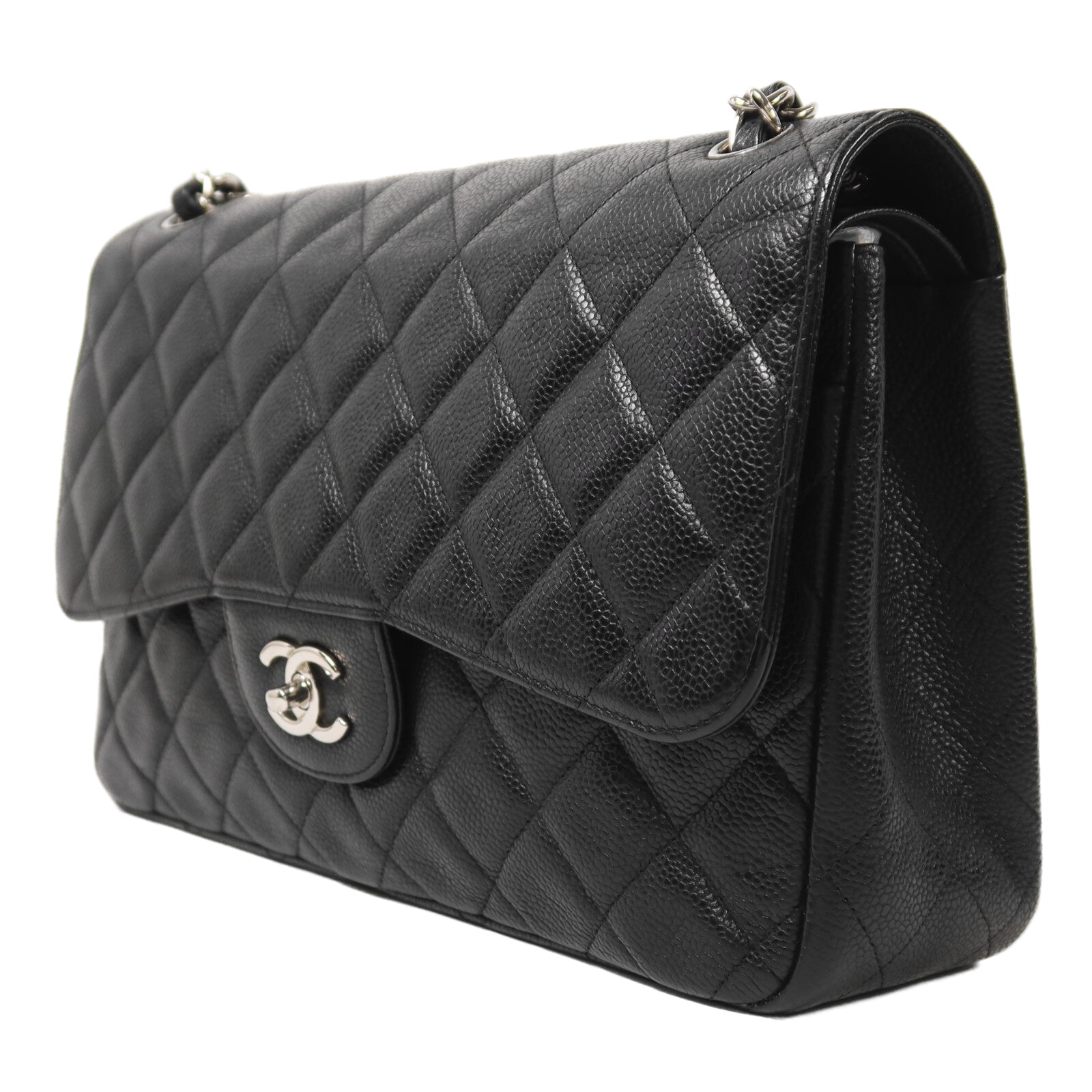 CHANEL 牛皮皮革Large Classic銀扣鏈帶肩背袋