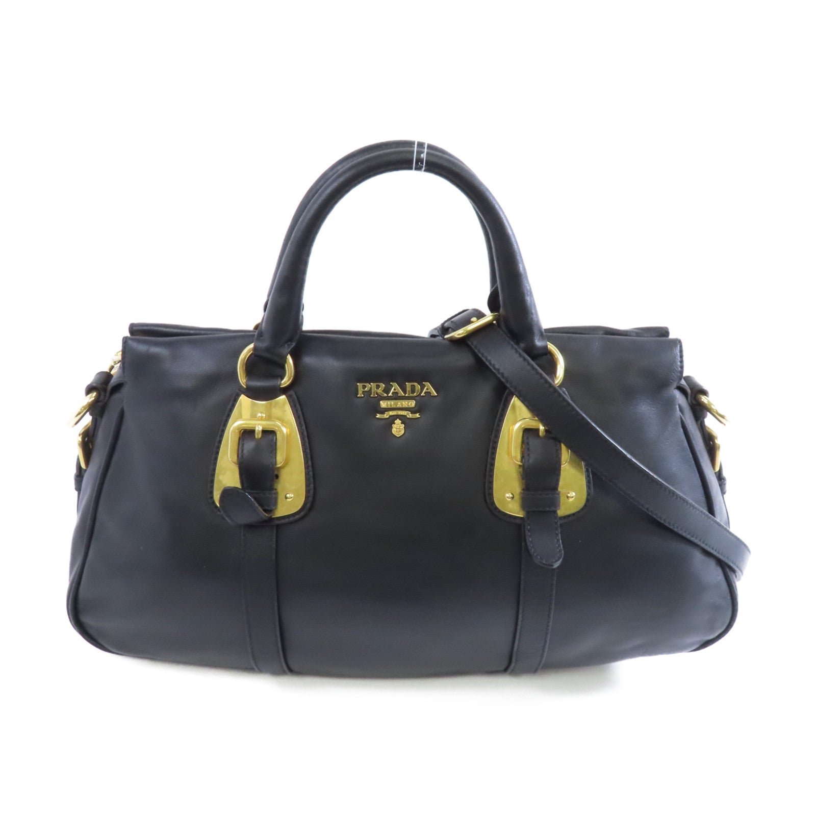 PRADA 牛皮皮革Shoulder Bag金扣手挽肩背兩用袋黑色