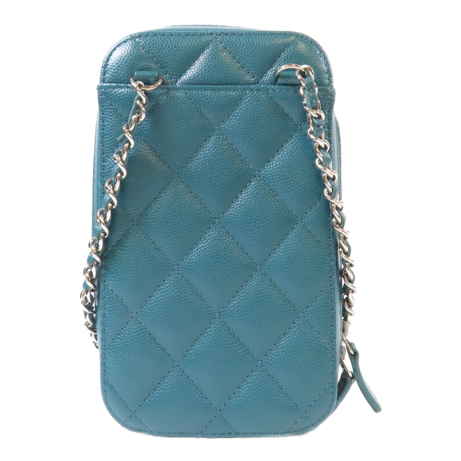 CHANEL 【激減優惠】菱格Caviar皮革Chain Phone Holder Bag銀扣鏈帶肩背袋綠色
