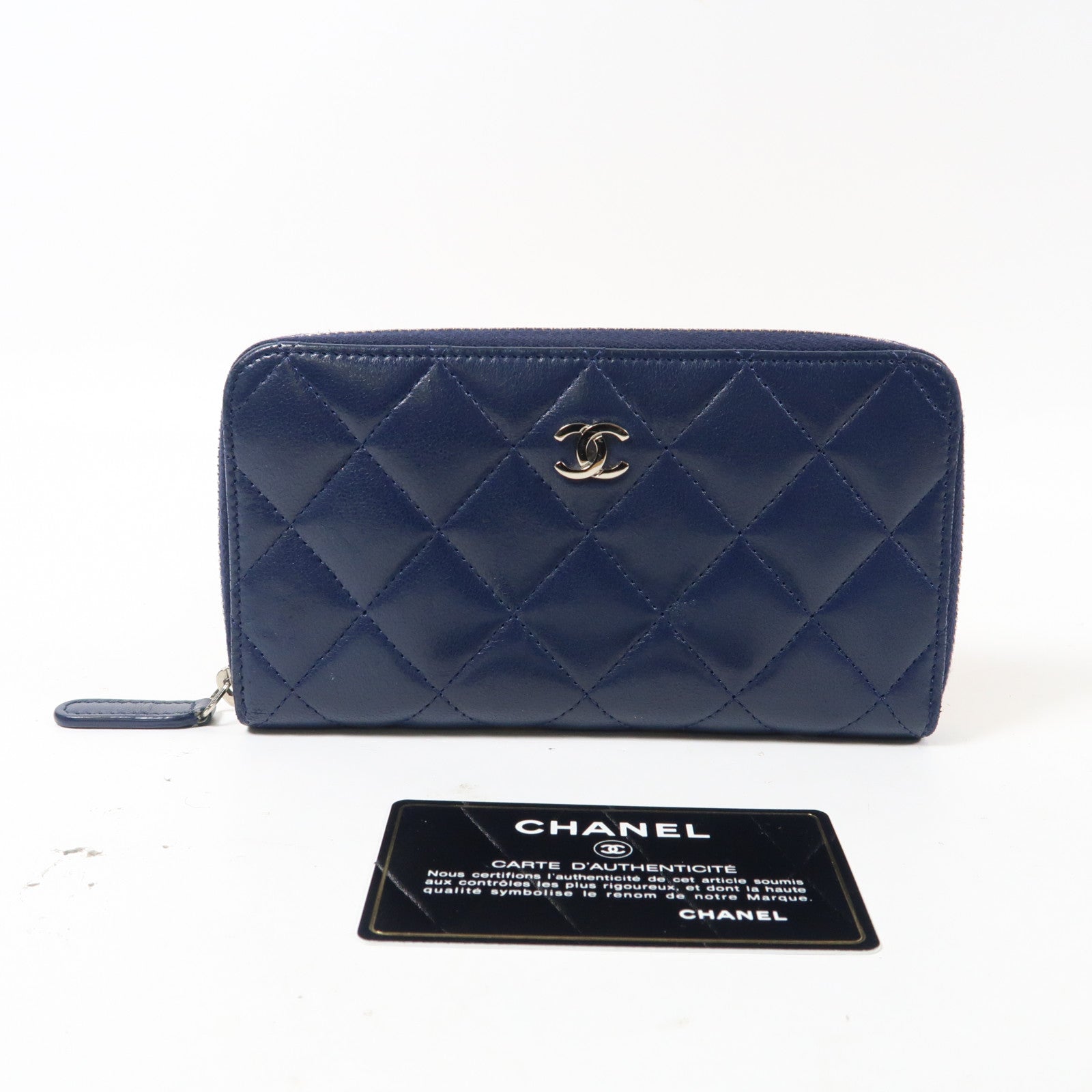 CHANEL 菱格羊皮皮革Zipper Long Wallet銀扣拉鍊長錢包深藍色