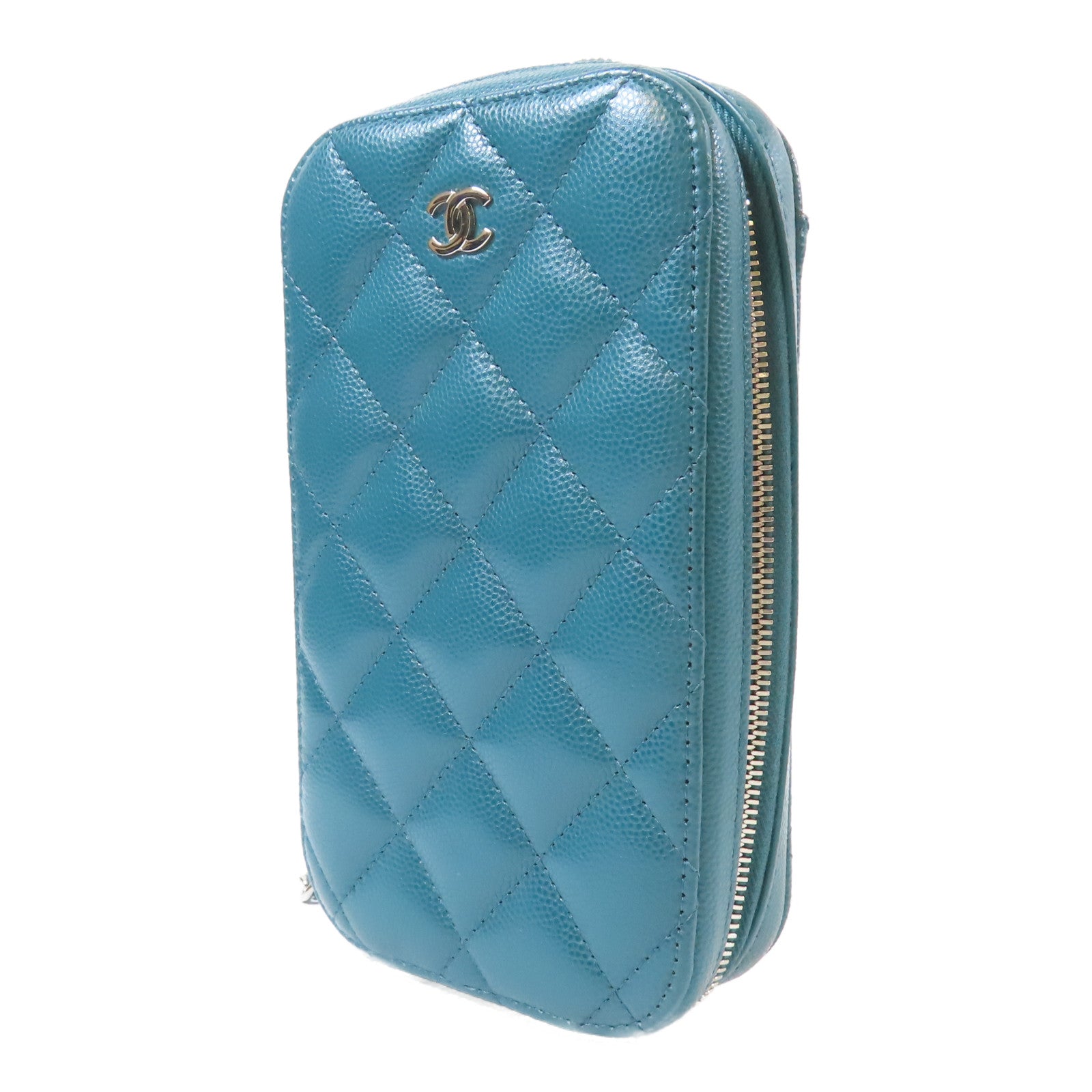 CHANEL 【激減優惠】菱格Caviar皮革Chain Phone Holder Bag銀扣鏈帶肩背袋綠色