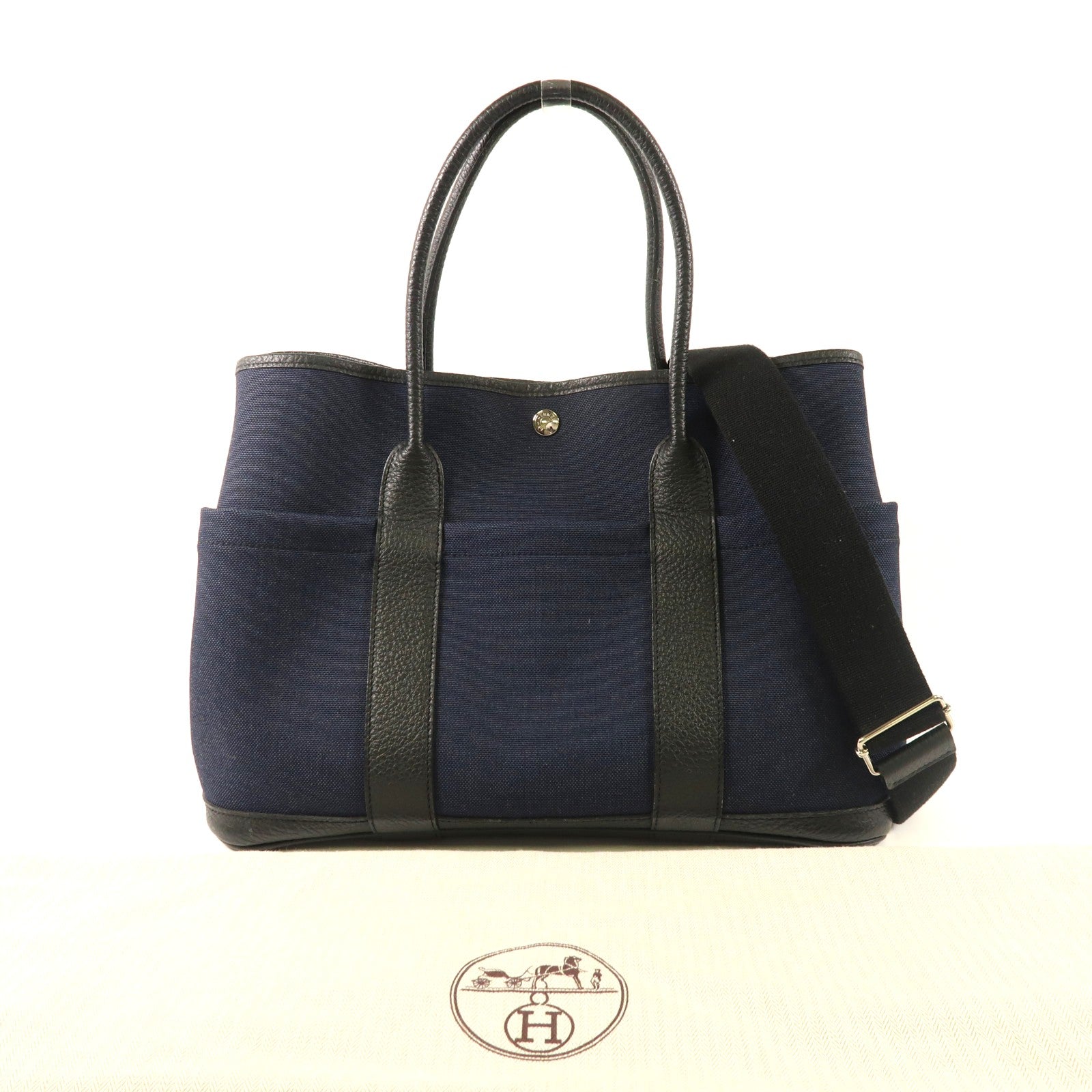 HERMES 帆布Garden Party Pocket PM銀扣手挽肩背兩用袋Bleu Nuit