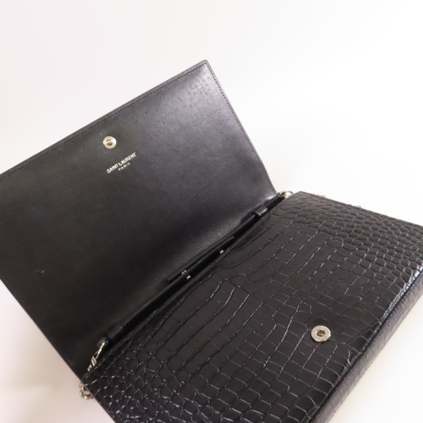 SAINT LAURENT 牛皮皮革Chain Shoulder Bag銀扣鏈帶肩背袋黑色