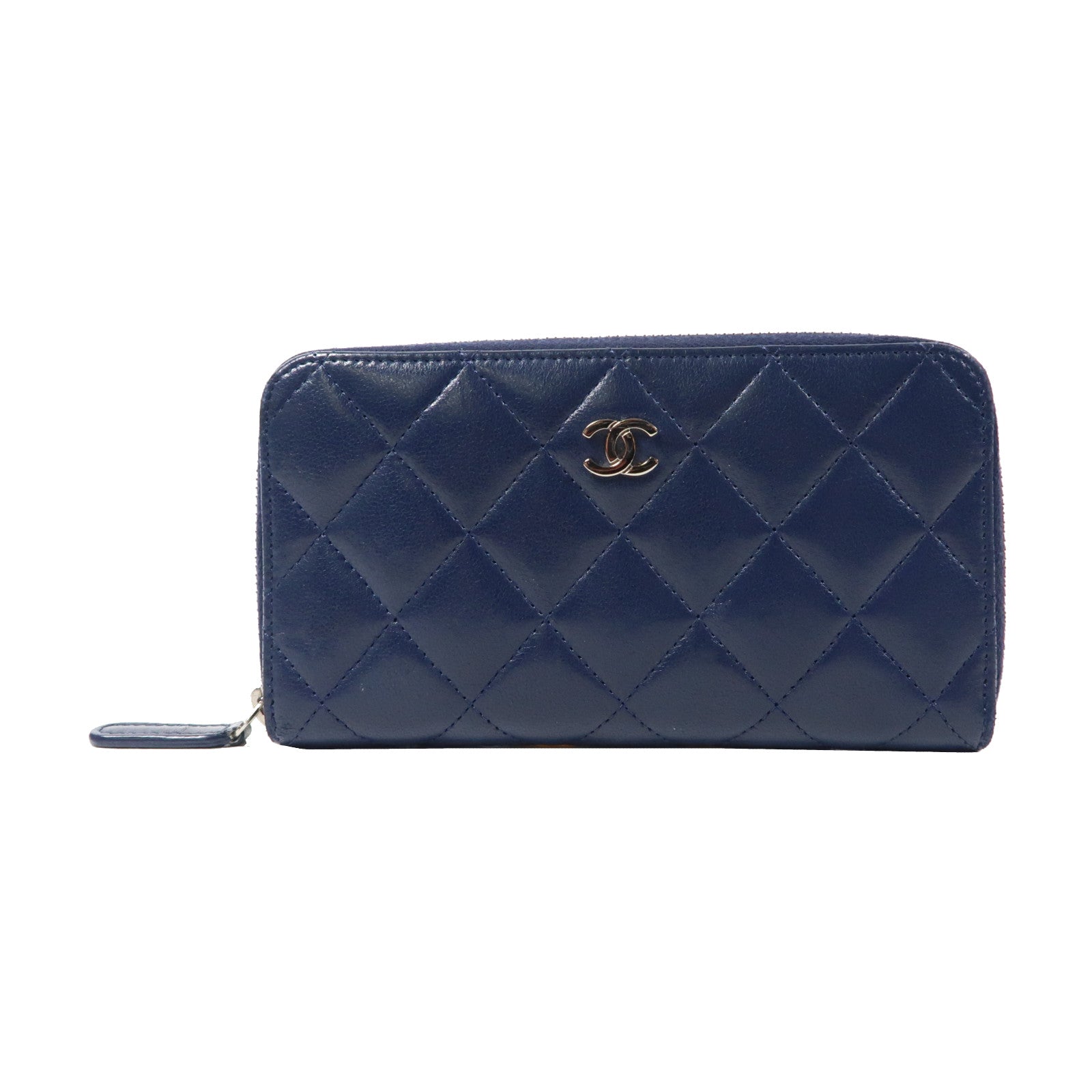 CHANEL 菱格羊皮皮革Zipper Long Wallet銀扣拉鍊長錢包深藍色