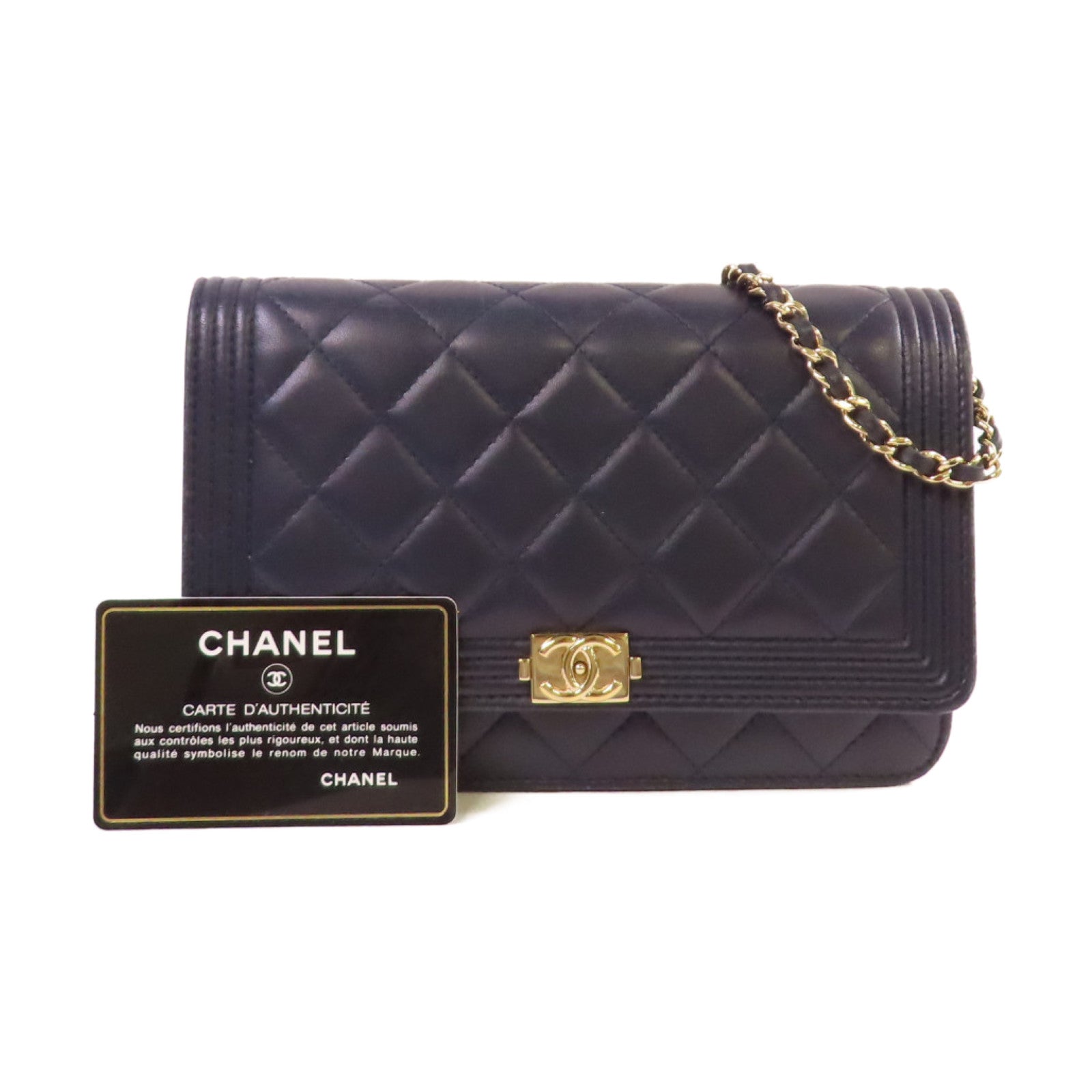 CHANEL 菱格羊皮皮革WOC Wallet On Chain Shoulder Bag金扣鏈帶肩背袋寶藍色